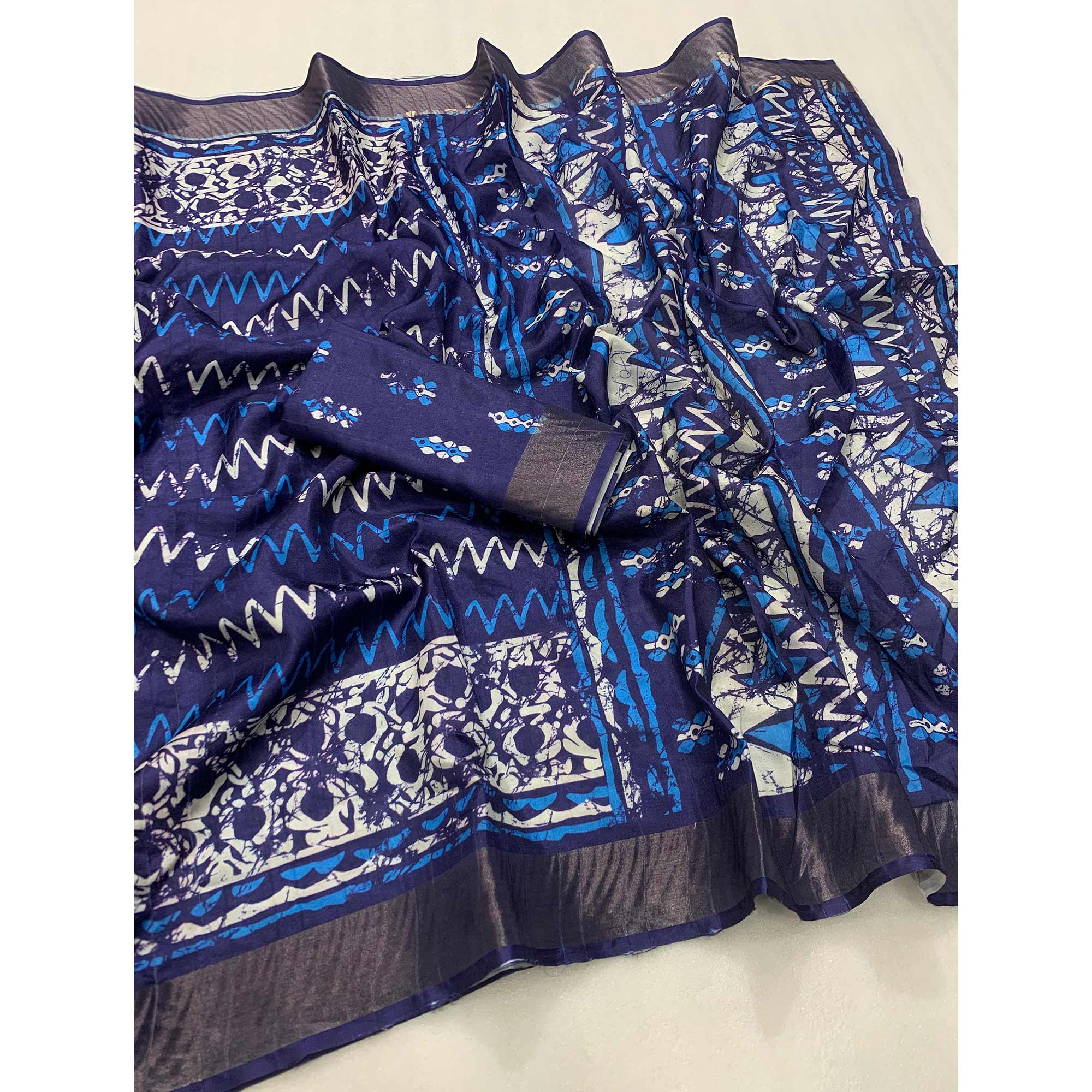 Blue Digital Printed Tussar Silk Saree