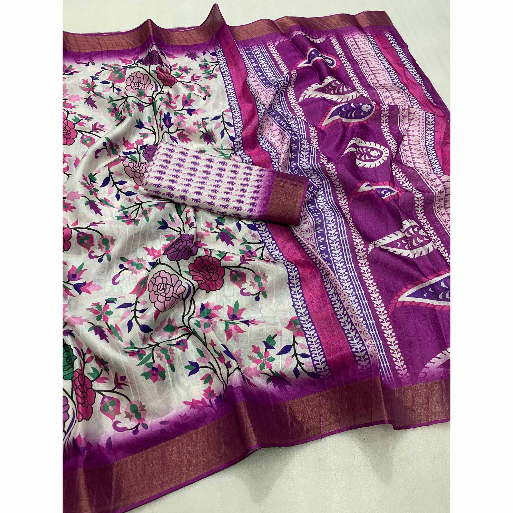 White & Purple Floral Digital Printed Tussar Silk Saree