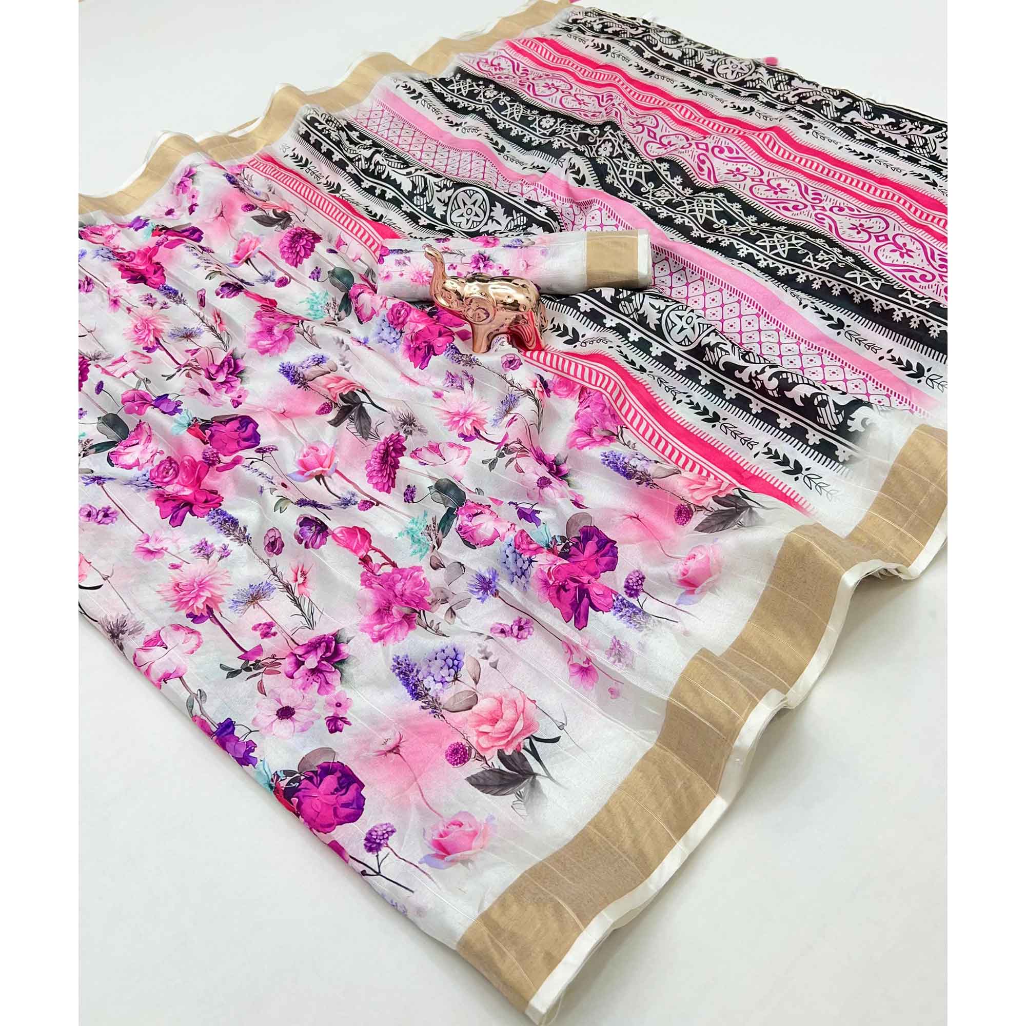 Festive White Silk Blend Saree with Subtle Floral Print and Shimmering Zari Border