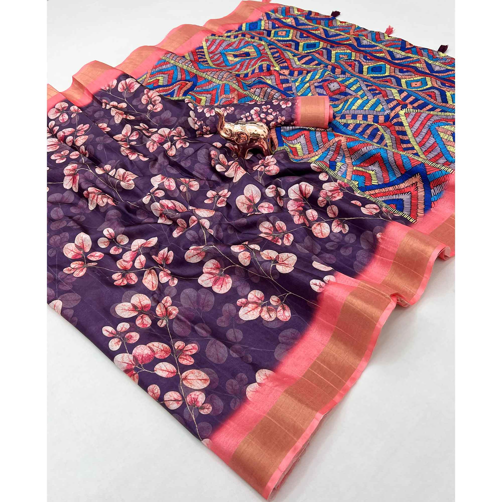 Festive Deep Purple Silk Blend Saree with Subtle Floral Print and Shimmering Zari Border