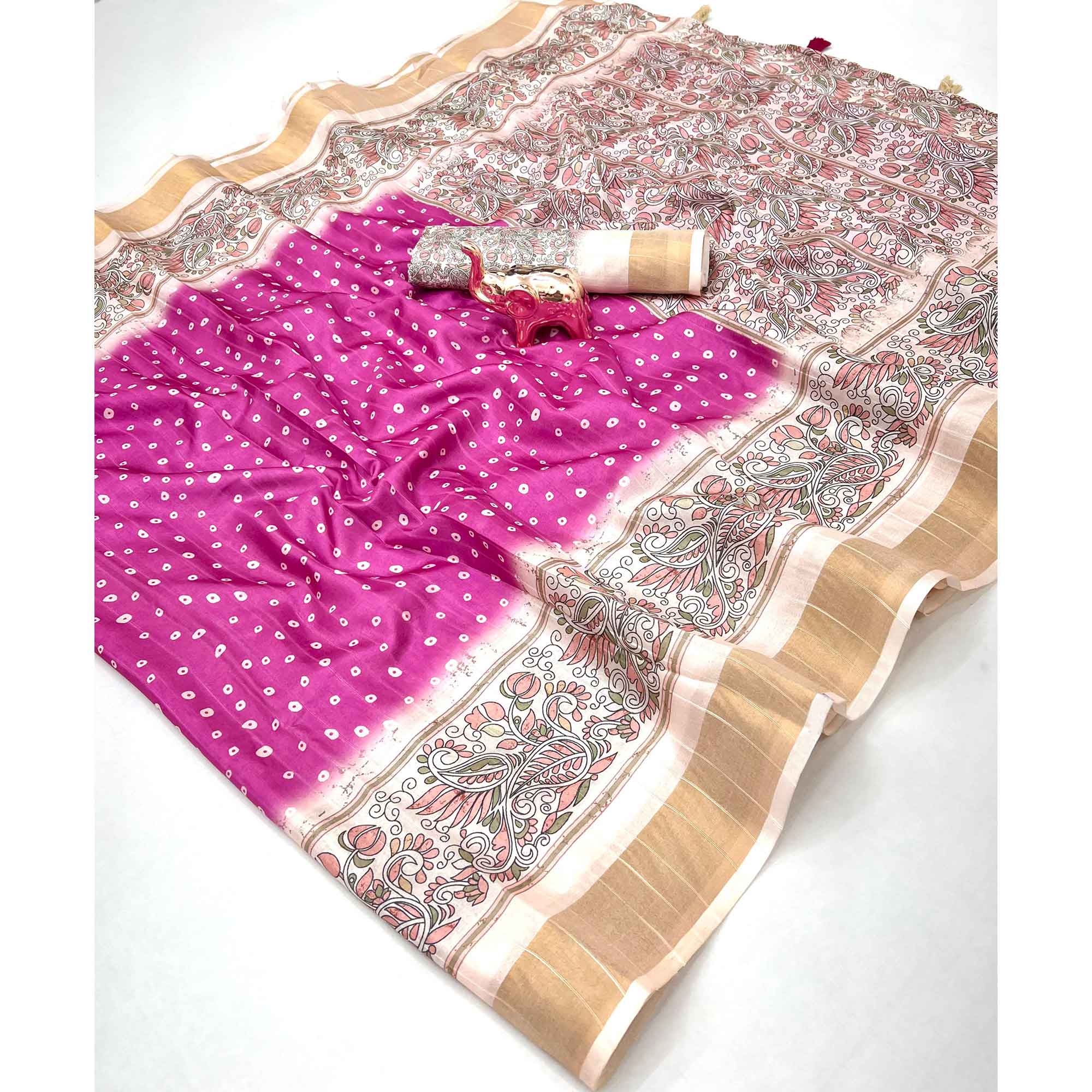 Festive Pink & Off White Silk Blend Saree with Subtle Floral Print and Shimmering Zari Border