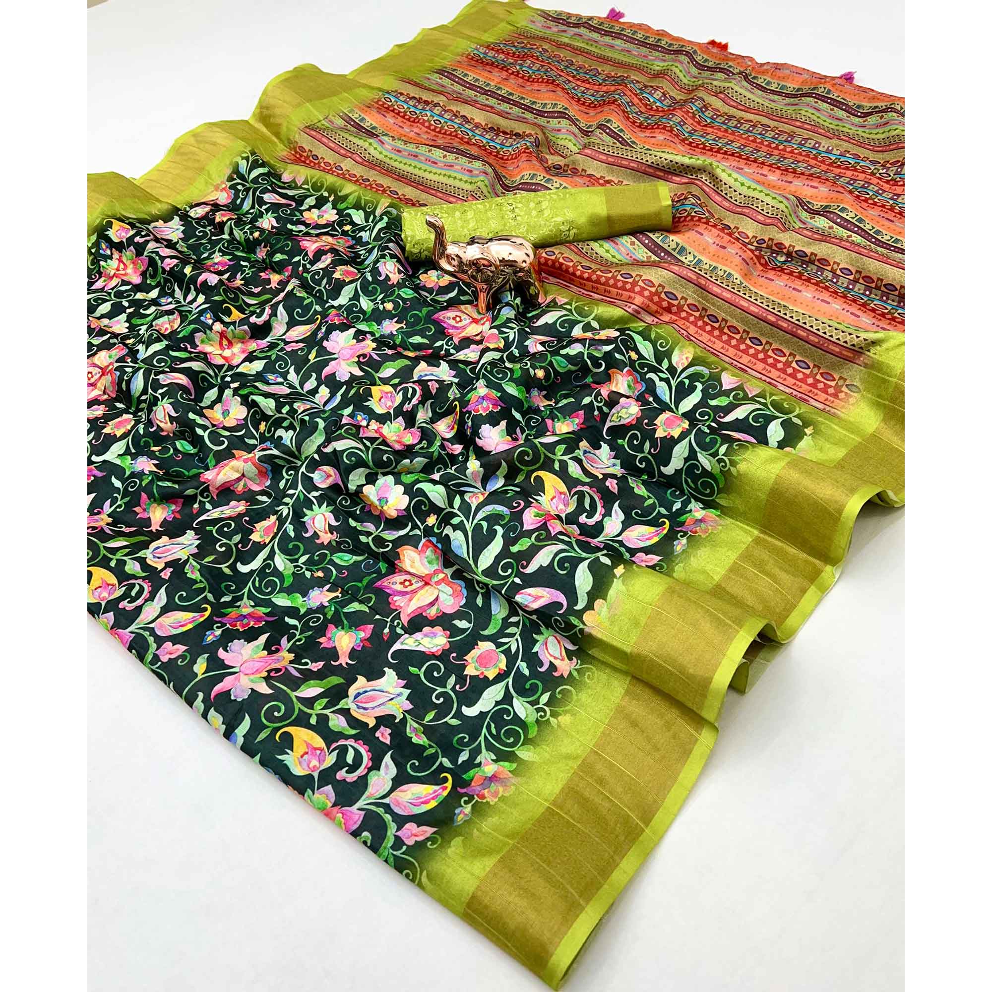 Festive Dark Green Silk Blend Saree with Subtle Floral Print and Shimmering Zari Border