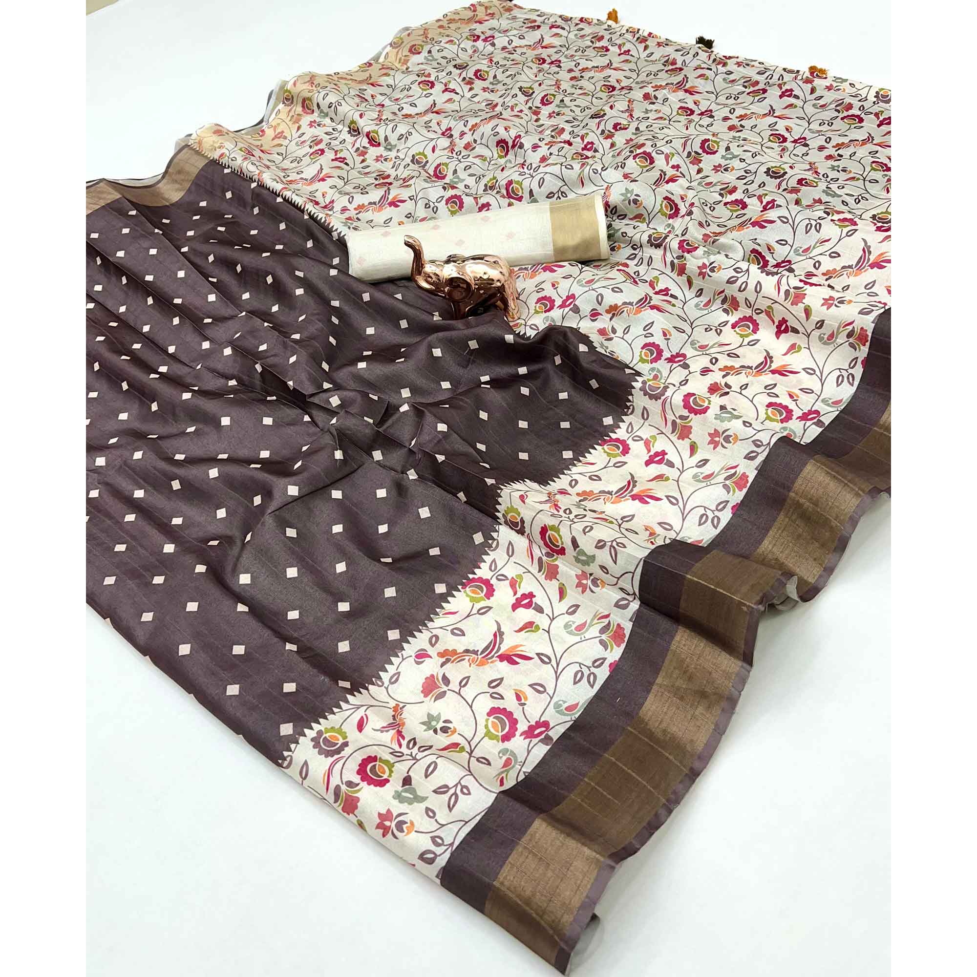 Festive Dark Brown Silk Blend Saree with Subtle Floral Print and Shimmering Zari Border