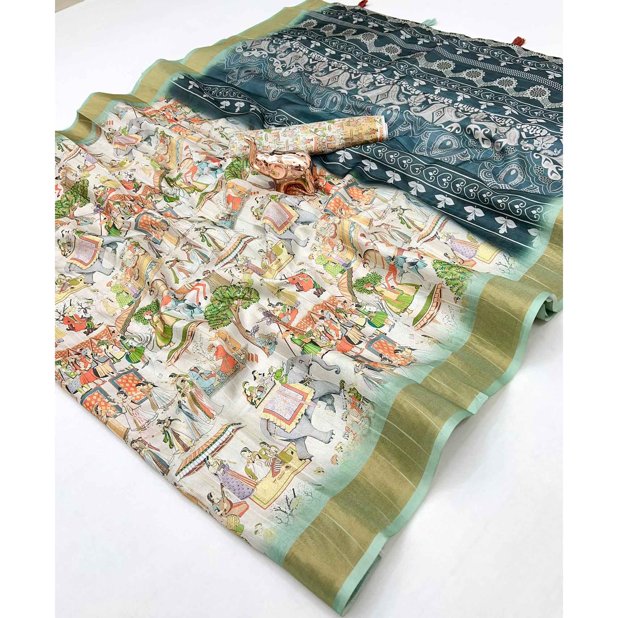 Designer Off White Saree with All-Over Floral Prints and Elegant Zari Border