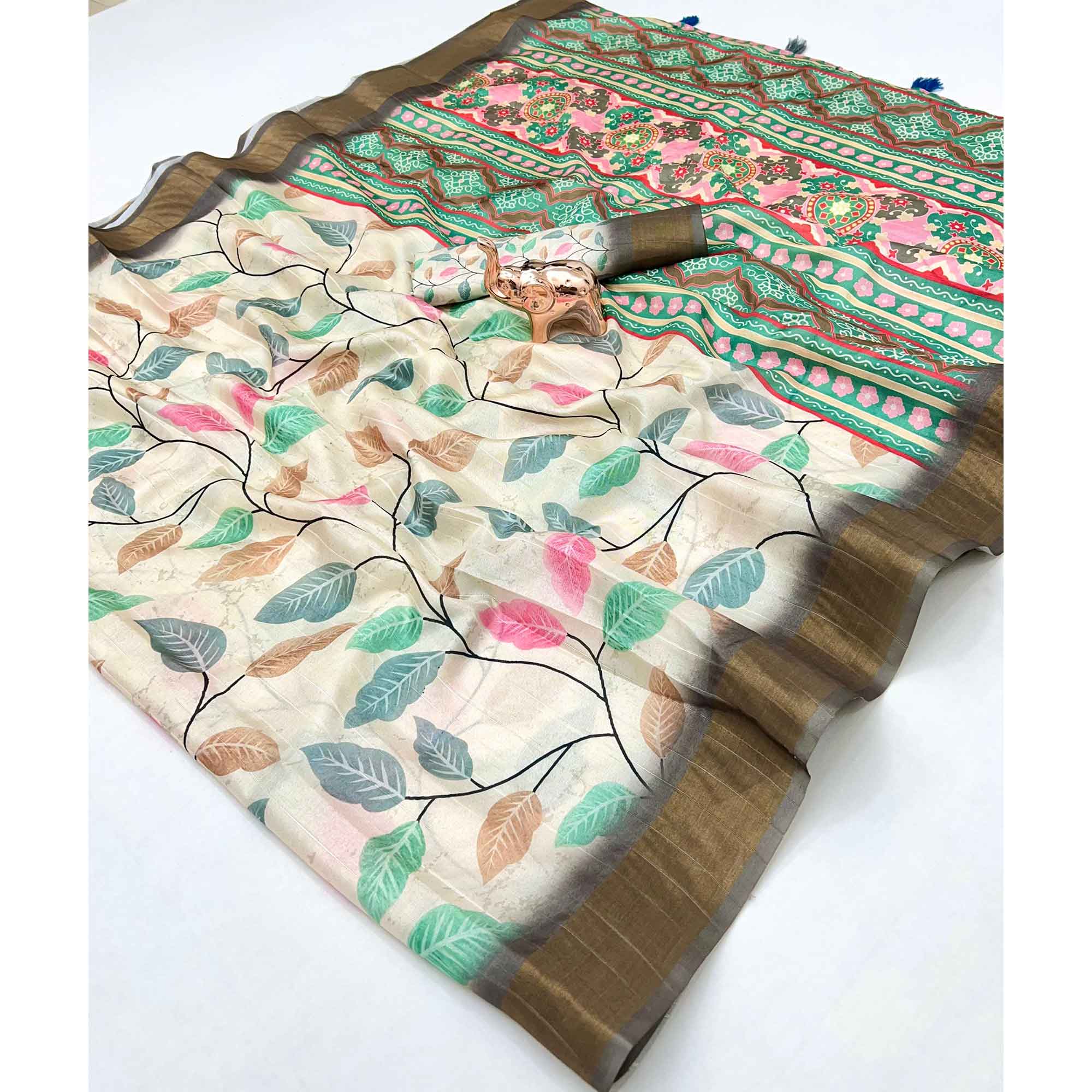 Premium Off White Saree with Floral Print and Traditional Zari Border Detailing