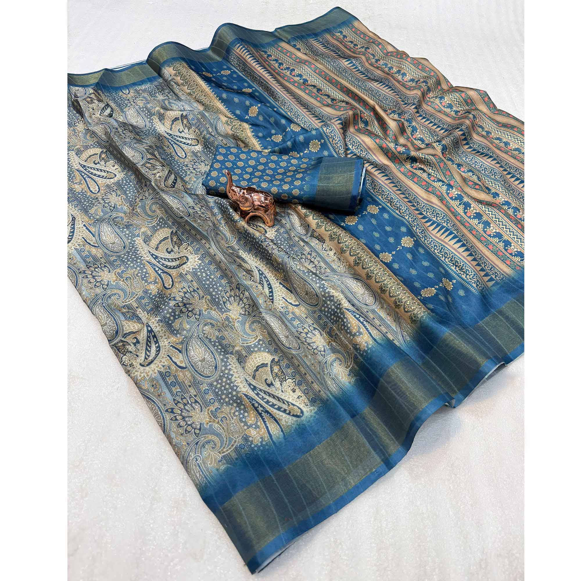 Festive Grey Silk Blend Saree with Subtle Floral Print and Shimmering Zari Border