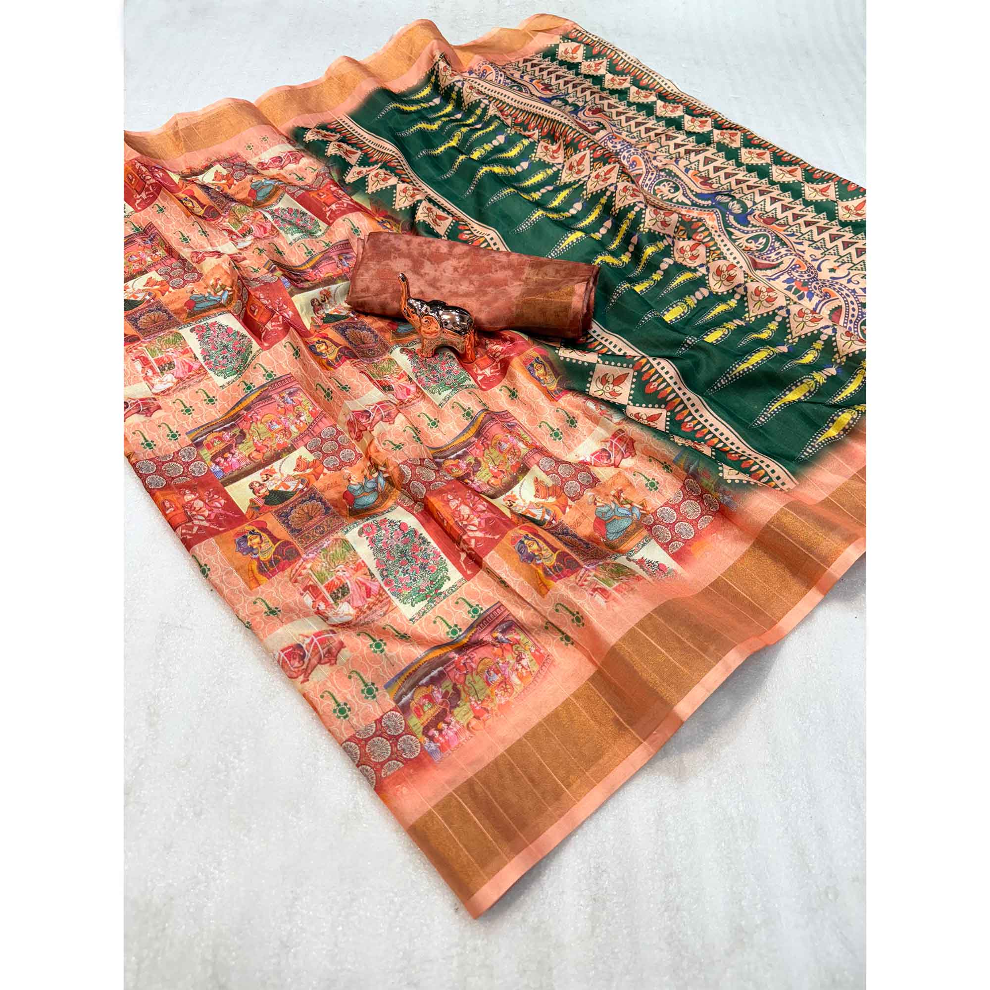 Festive Peach Silk Blend Saree with Subtle Floral Print and Shimmering Zari Border