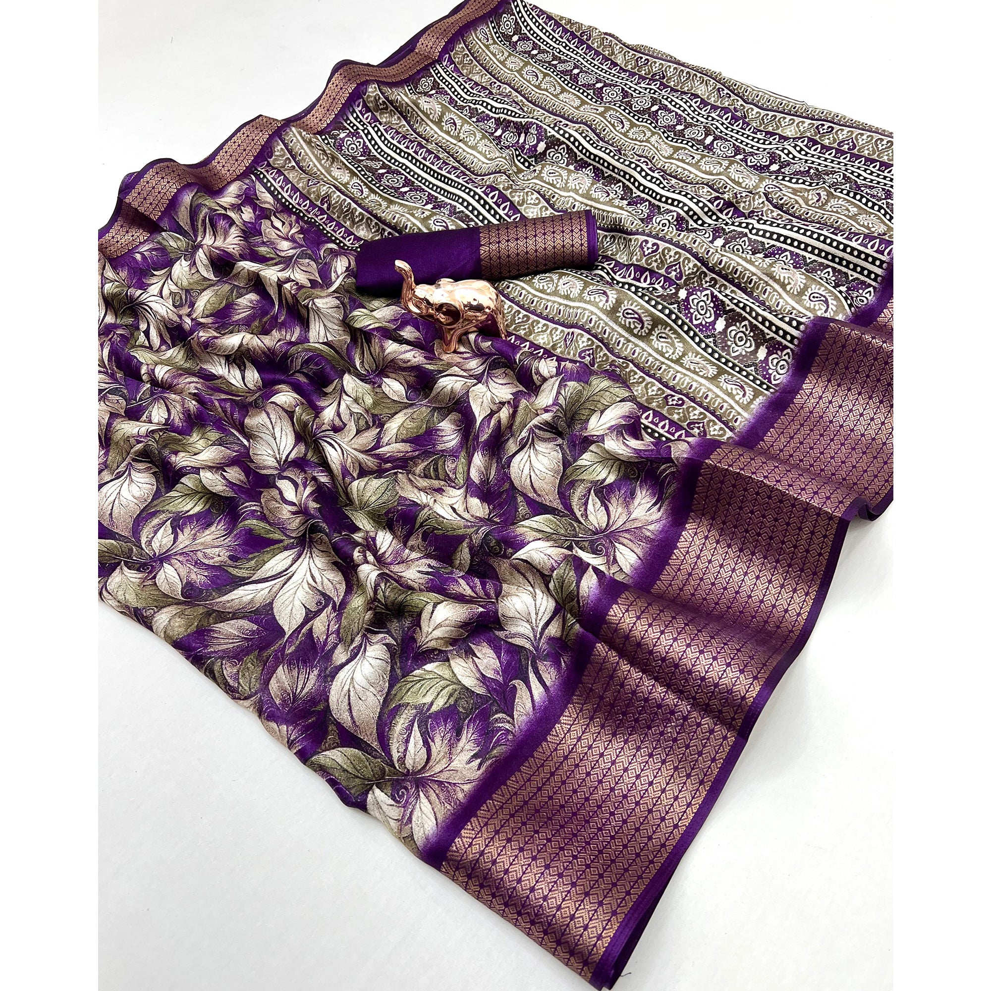 Purple Leaf Printed Dola Silk Marshmallow Saree With Paisley Jaal Pallu & Lustrous Weaving Border