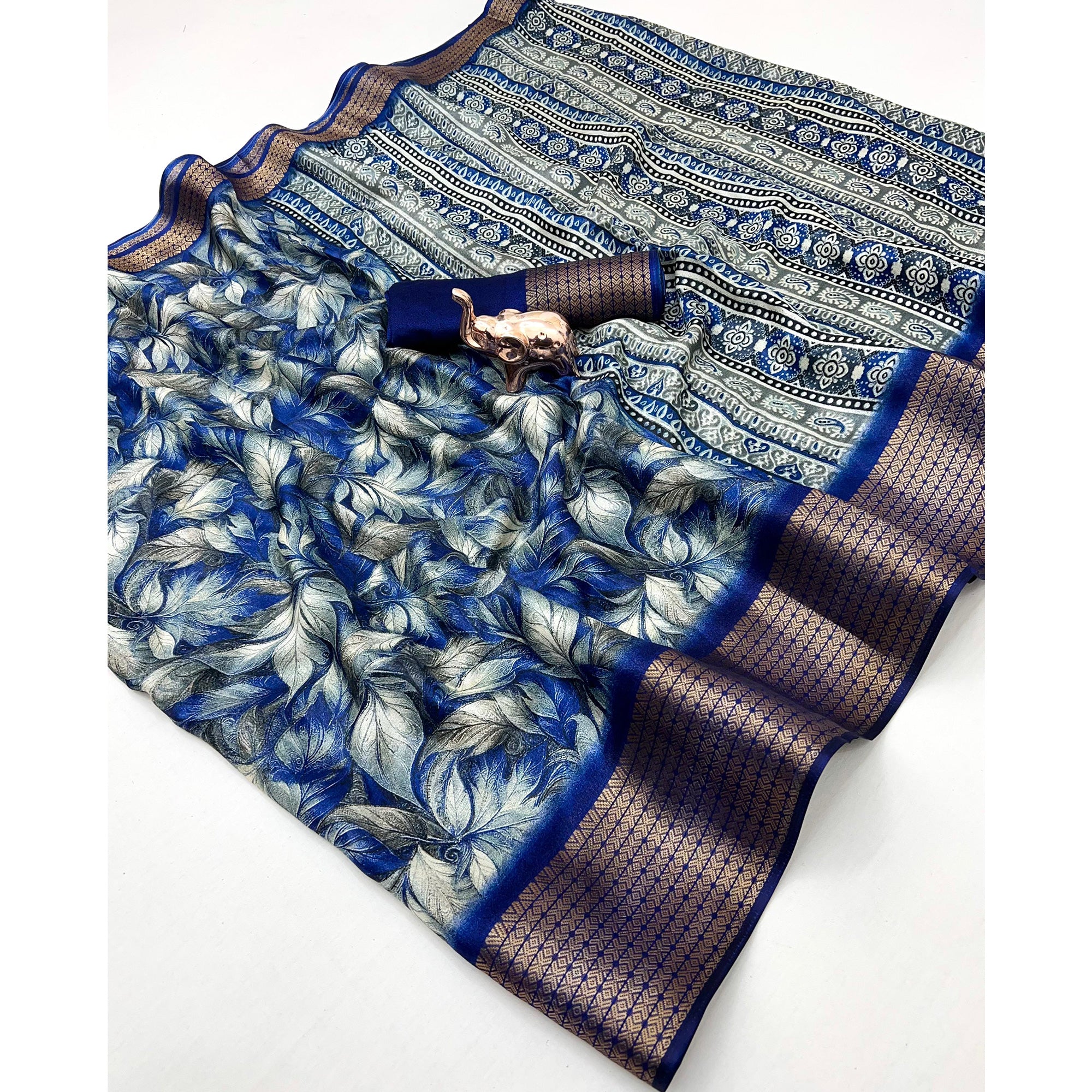 Royal Blue Leaf Print Dola Silk Marshmallow Saree With Paisley Jaal Pallu & Lustrous Weaving Border