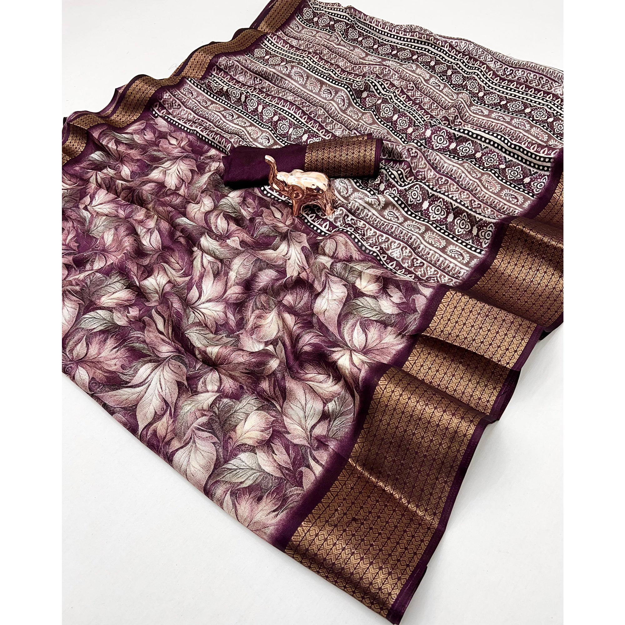 Wine Leaf Printed Dola Silk Marshmallow Saree With Paisley Jaal Pallu & Lustrous Weaving Border