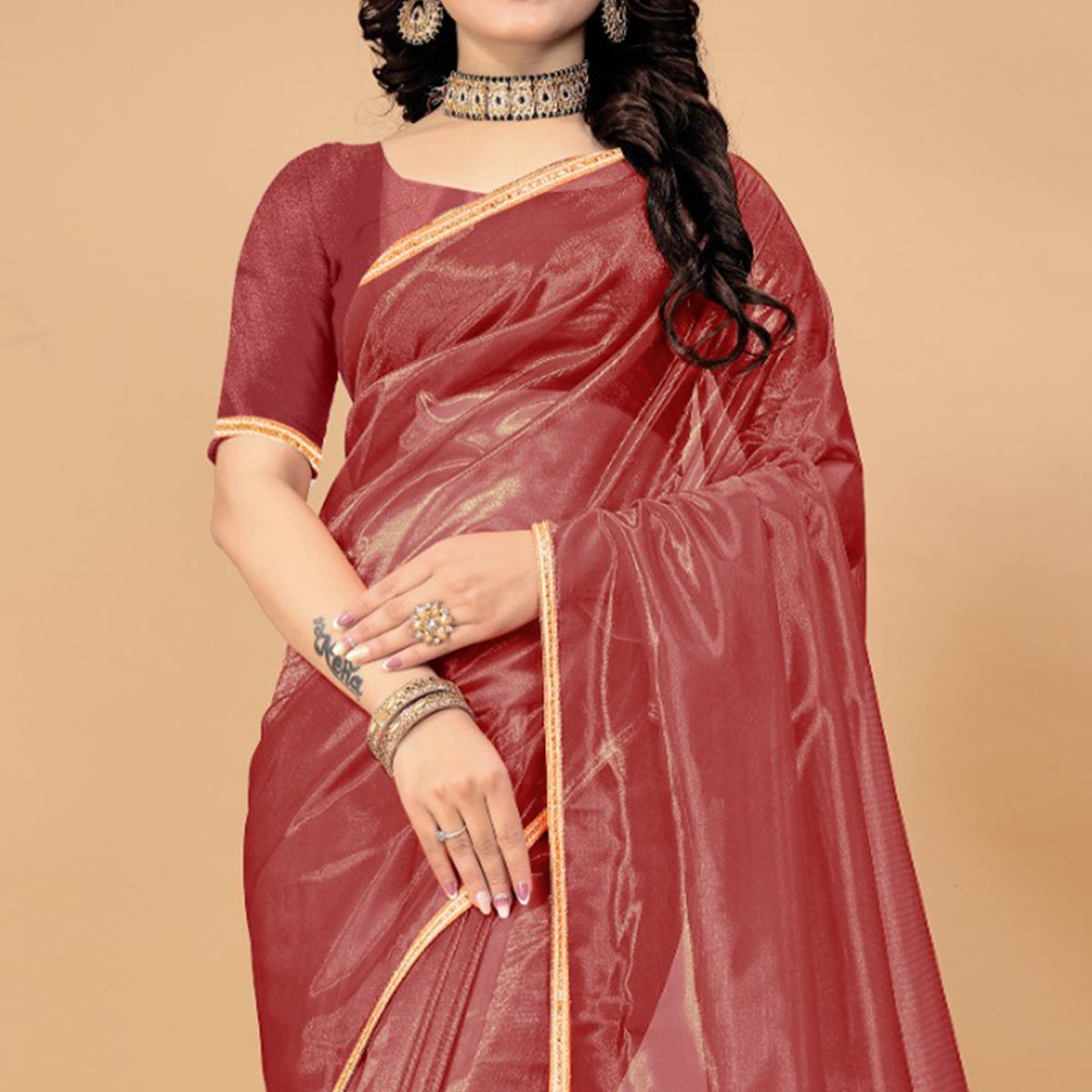 Brick Red Solid Nylon Saree With Lace Border