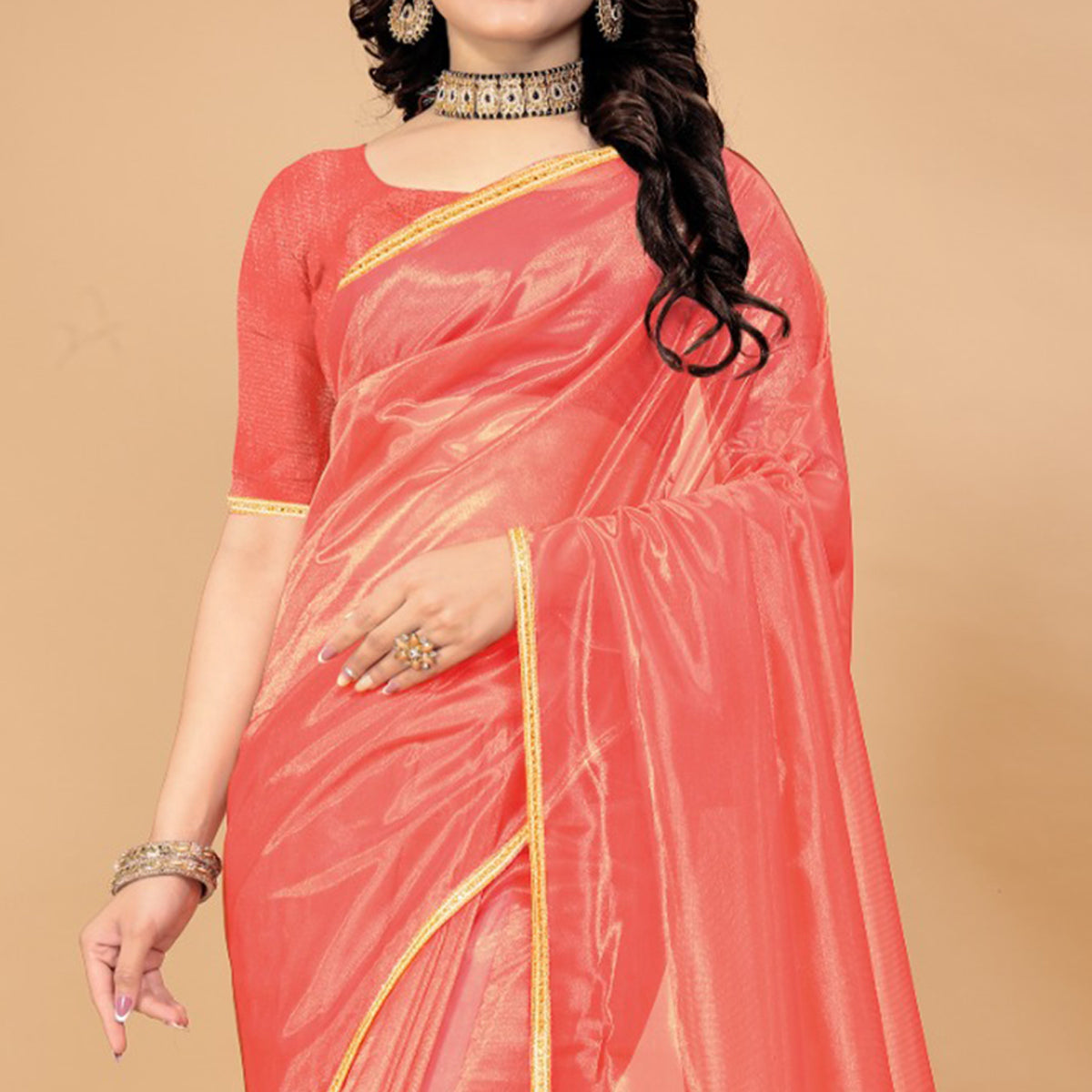 Dark Peach Solid Nylon Saree With Lace Border