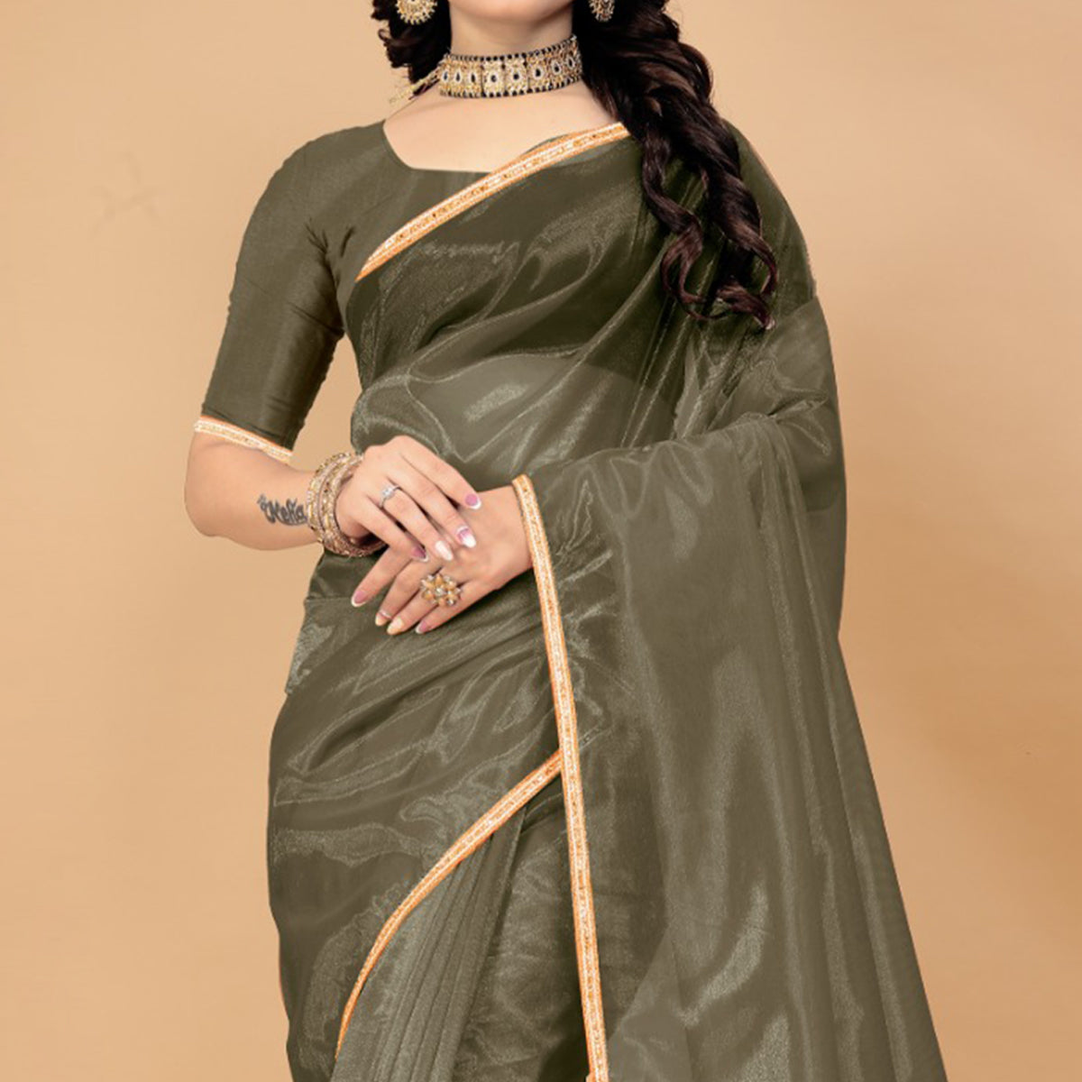 Mehendi Green Solid Nylon Saree With Lace Border