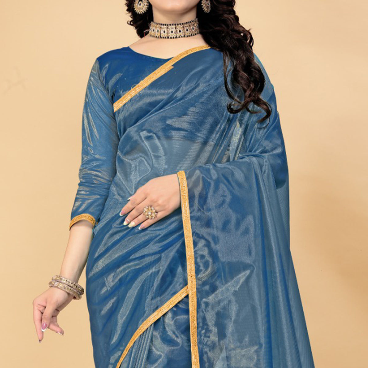 Morpich Solid Nylon Saree With Lace Border