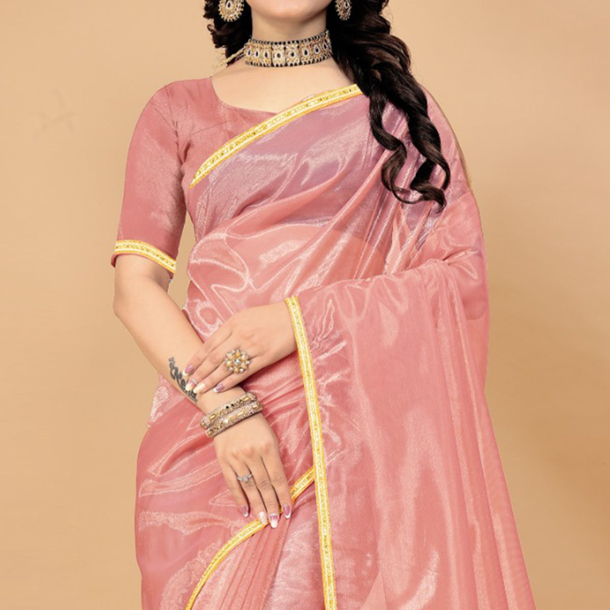 Peach Solid Nylon Saree With Lace Border