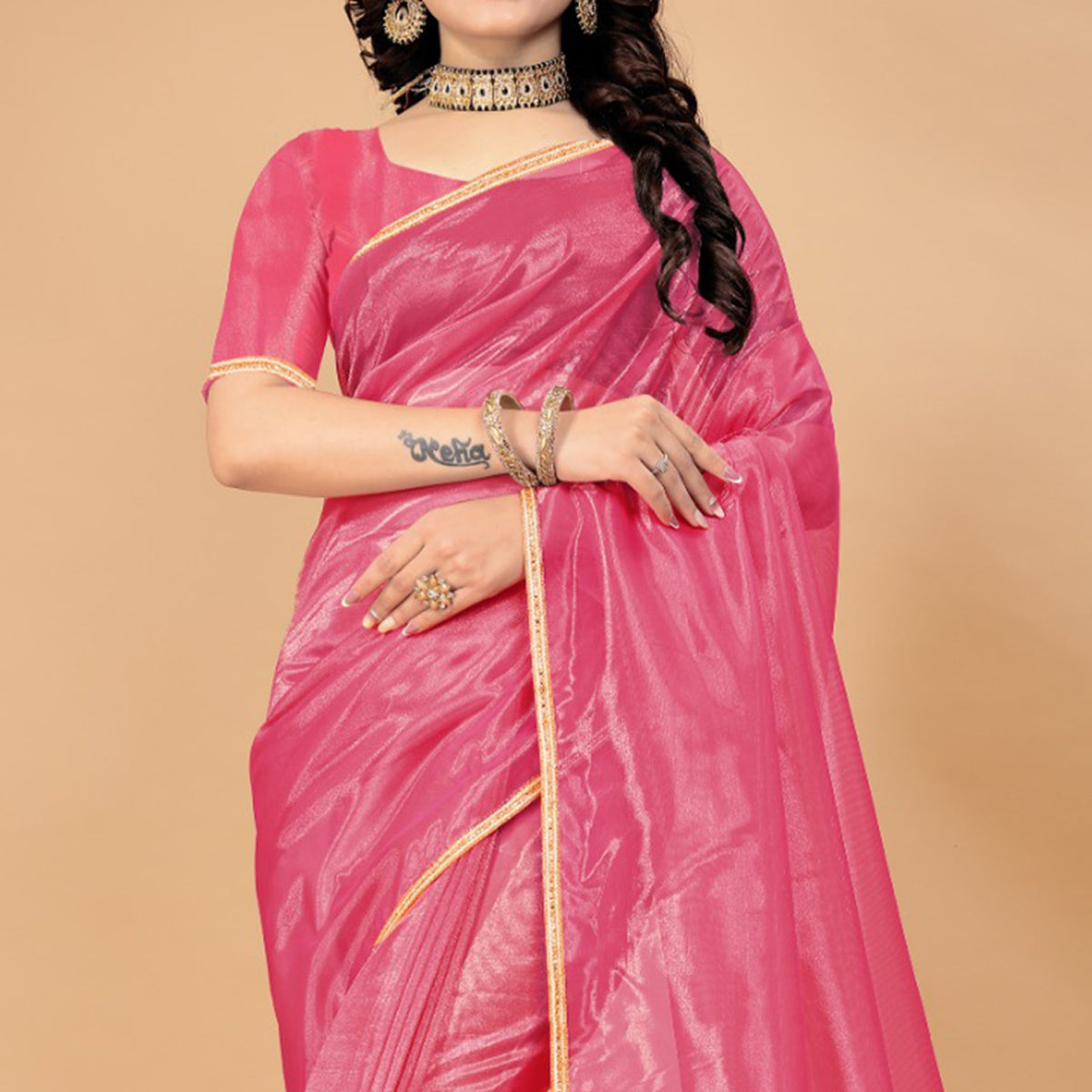 Pink Solid Nylon Saree With Lace Border