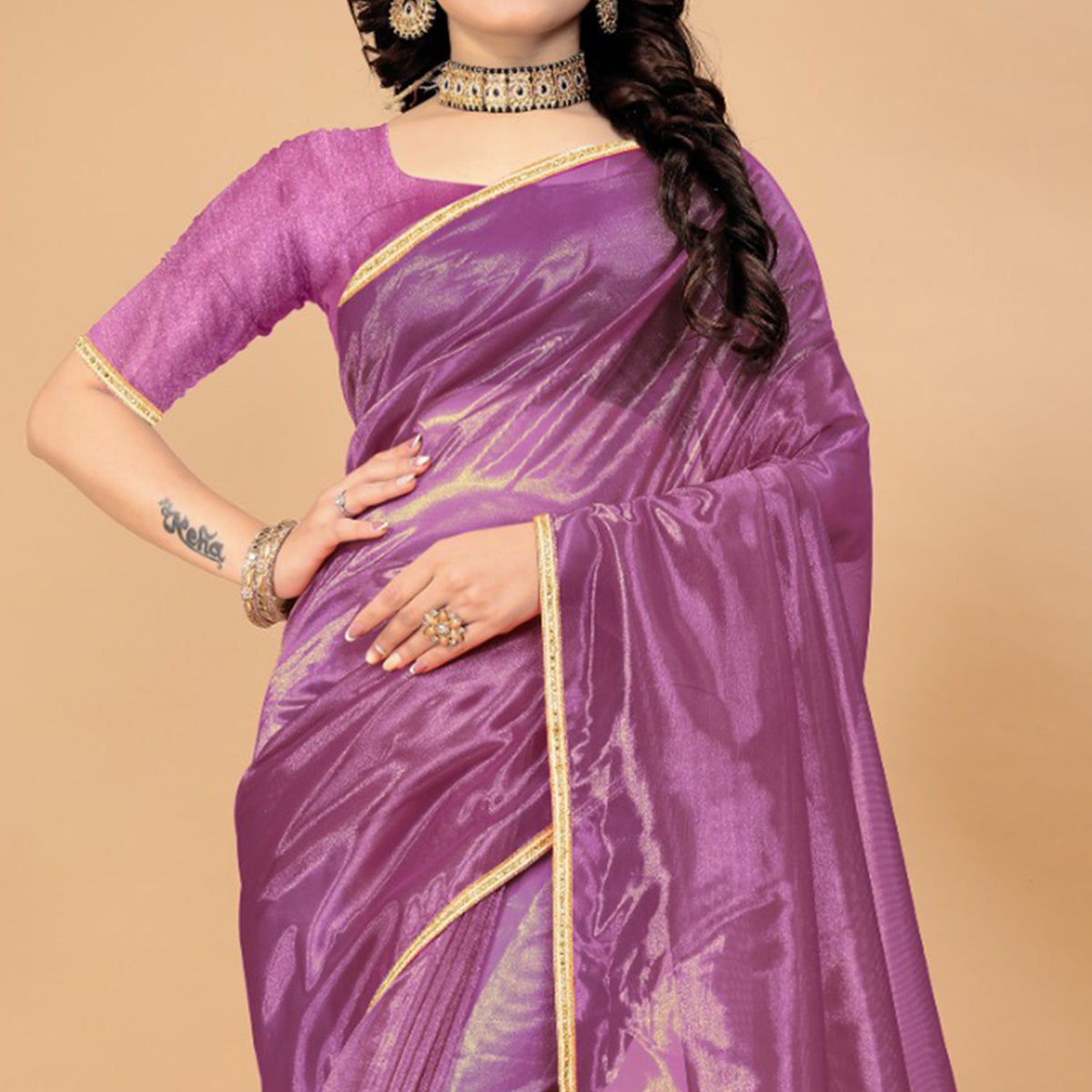 Purple Solid Nylon Saree With Lace Border