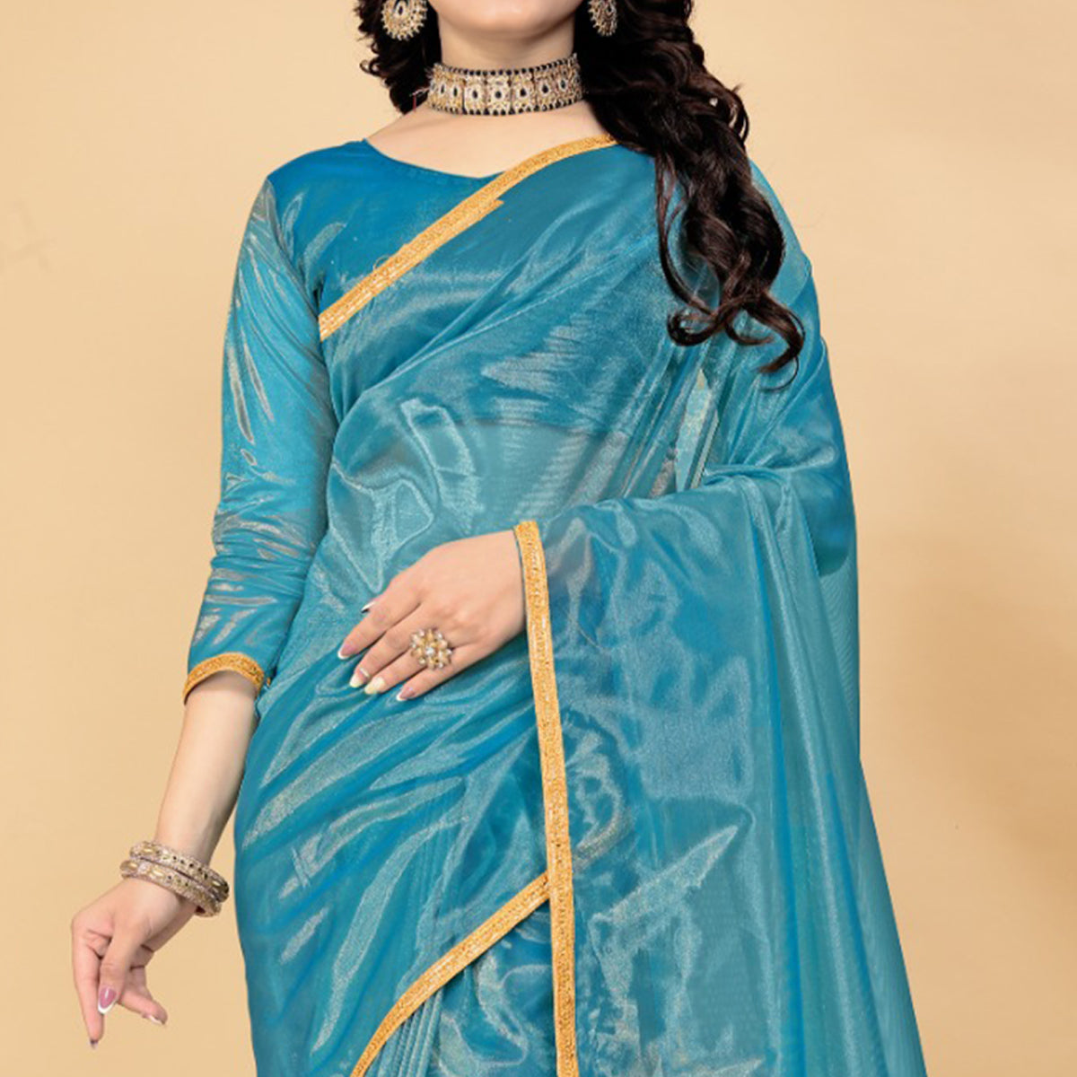 Teal Blue Solid Nylon Saree With Lace Border