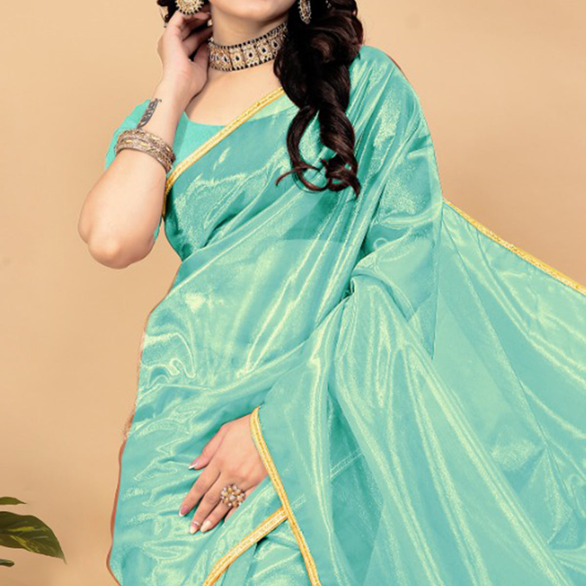 Turquoise Solid Nylon Saree With Lace Border