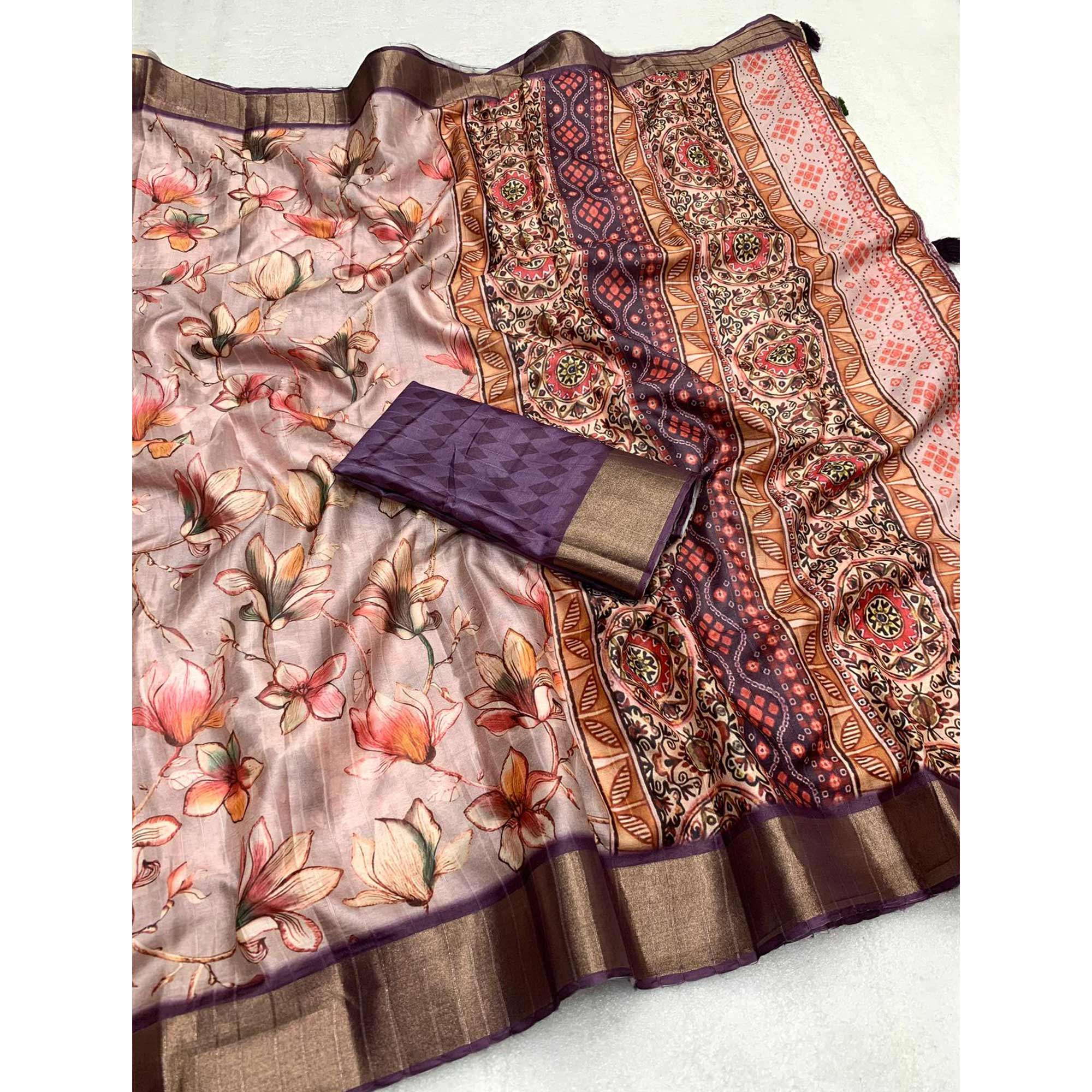 Dark Beige Digital Printed Tussar Silk Saree