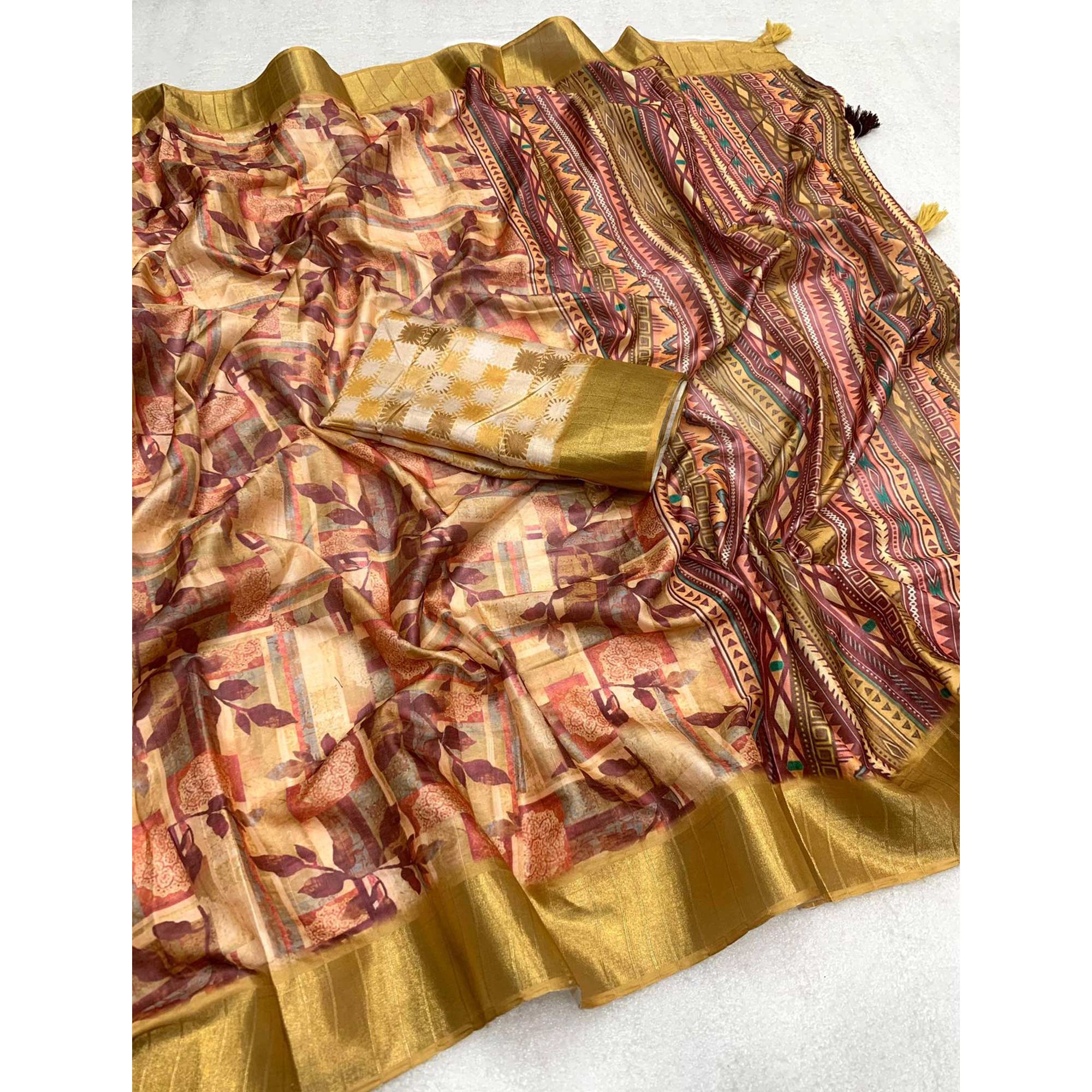 Golden Digital Printed Tussar Silk Saree