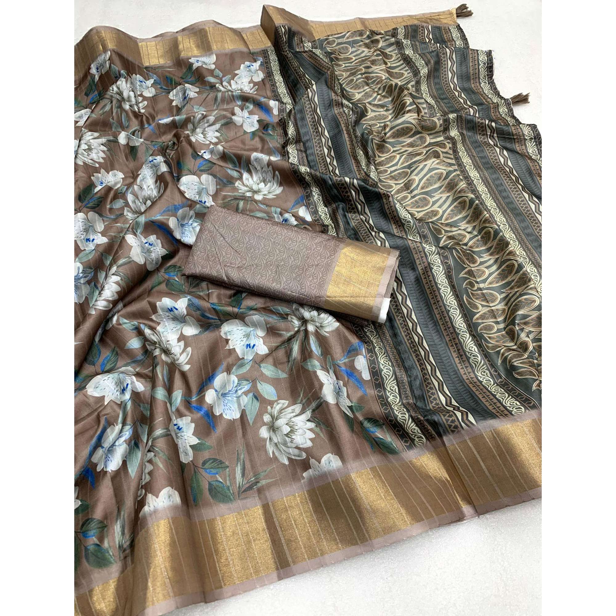 Mud Brown Digital Printed Tussar Silk Saree