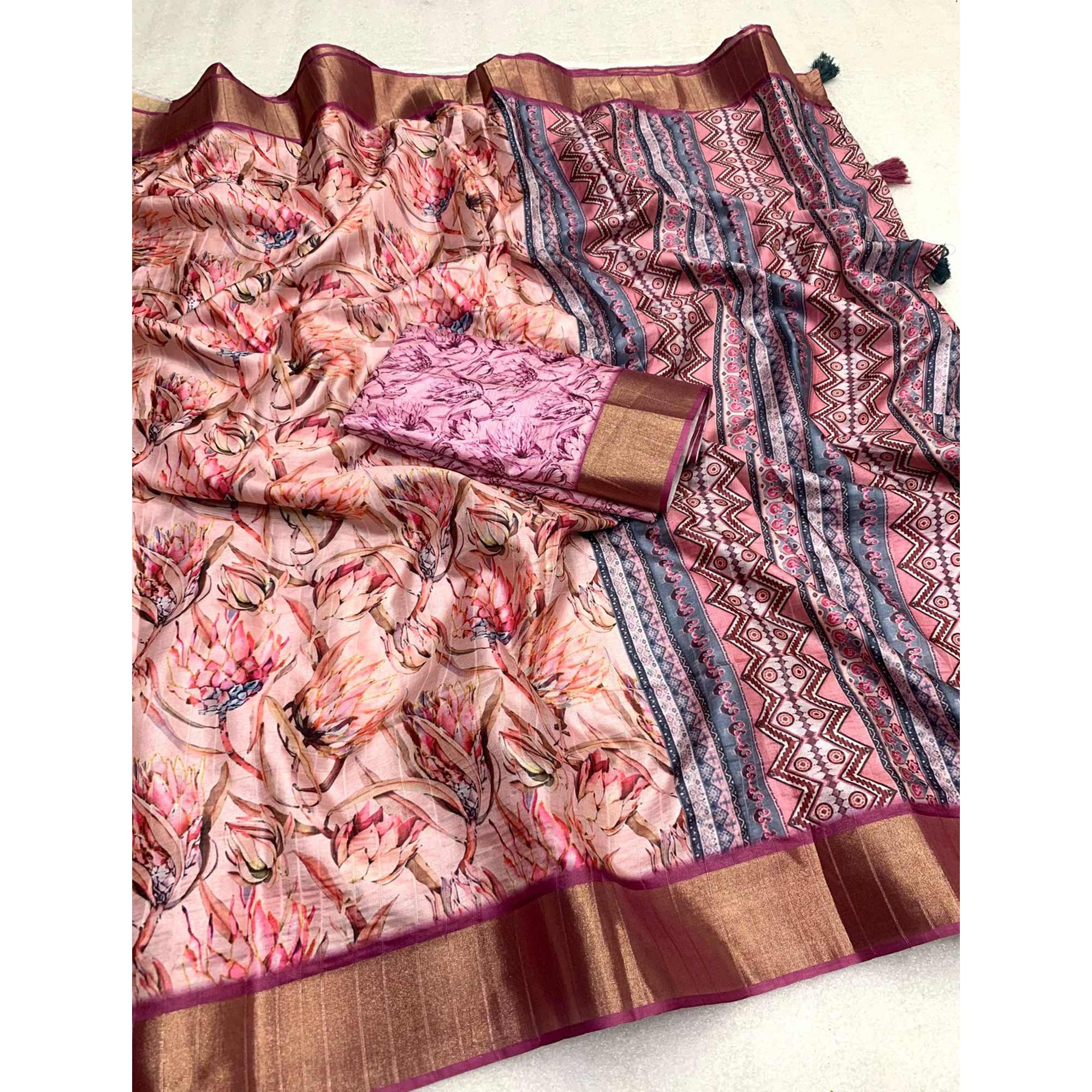 Peach Digital Printed Tussar Silk Saree