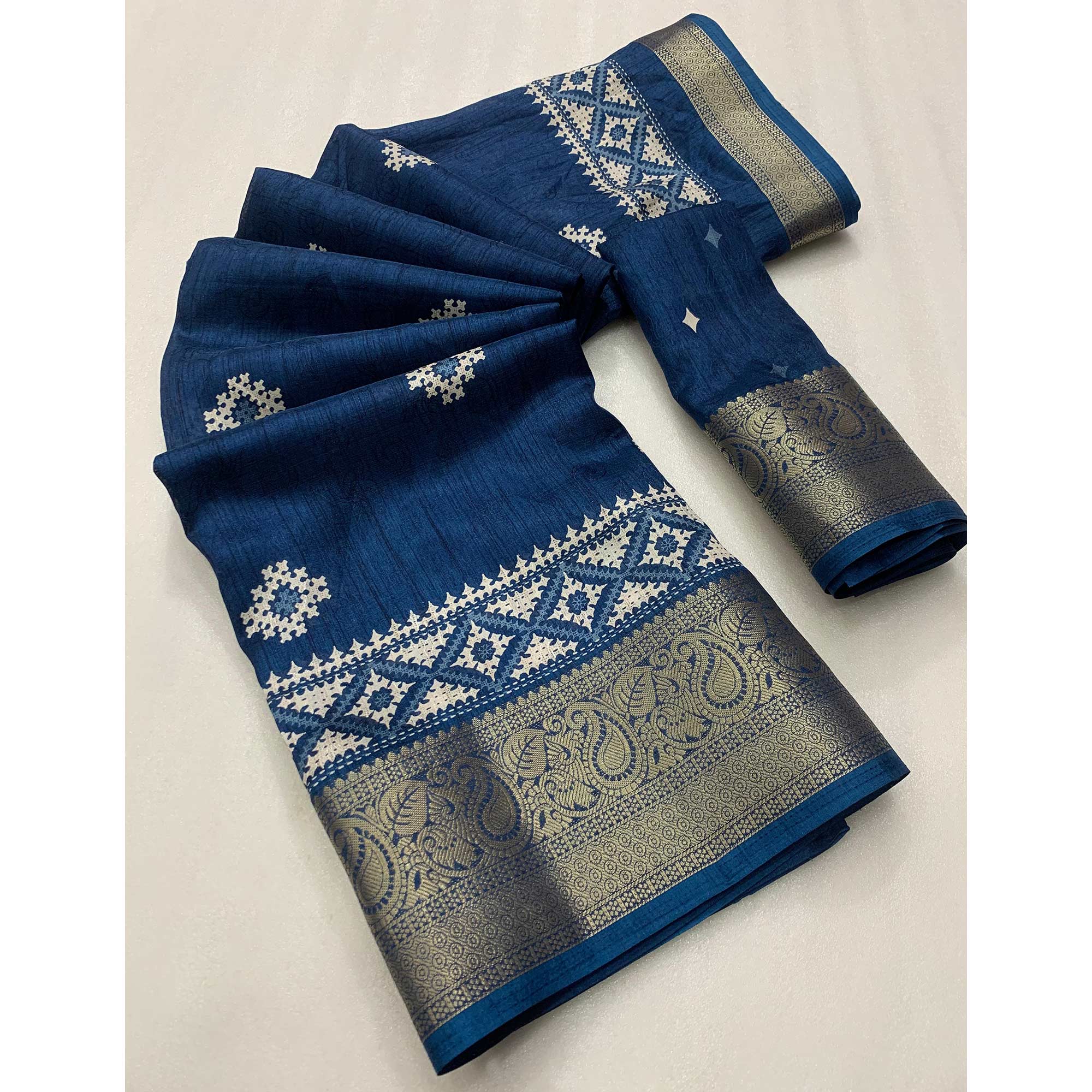 Blue Printed With Weaving Border Pure Cotton Saree