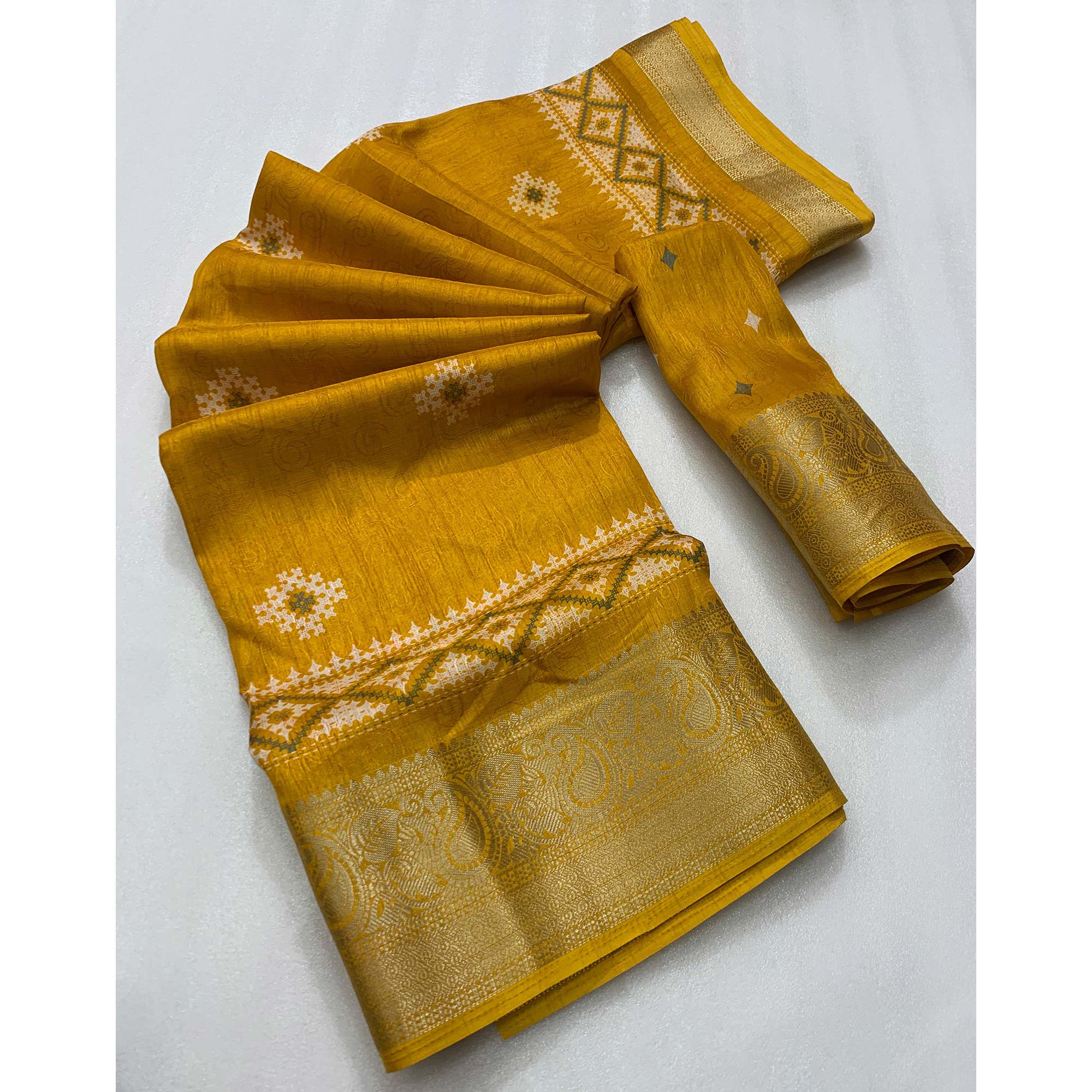 Mustard Printed With Weaving Border Pure Cotton Saree