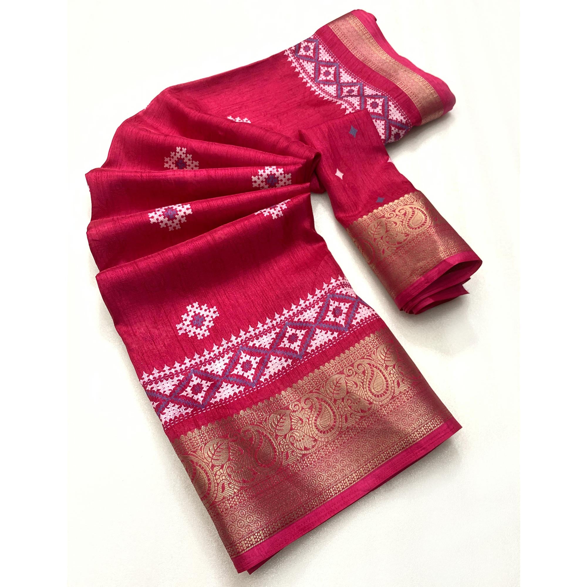 Pink Printed With Weaving Border Pure Cotton Saree