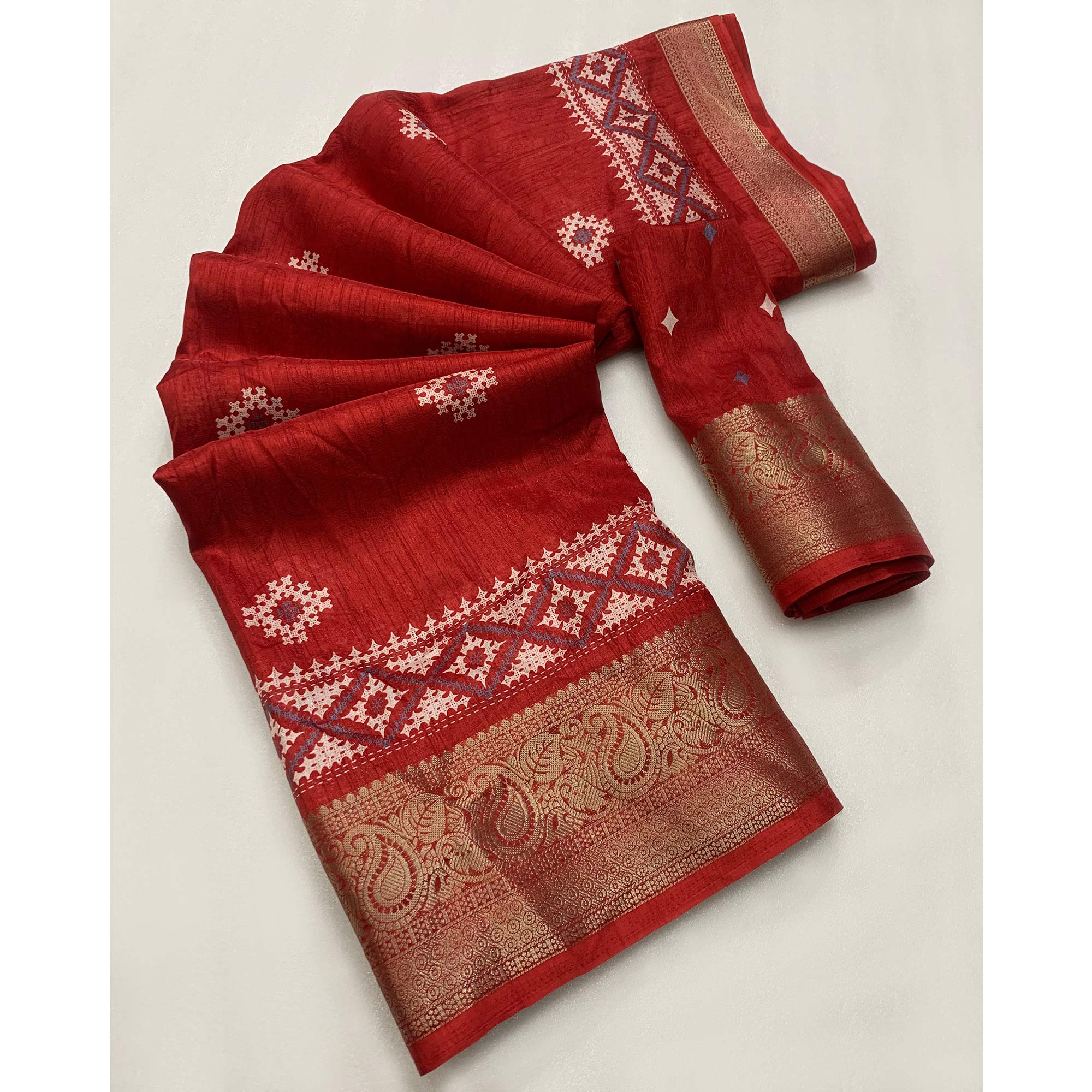 Red Printed With Weaving Border Pure Cotton Saree