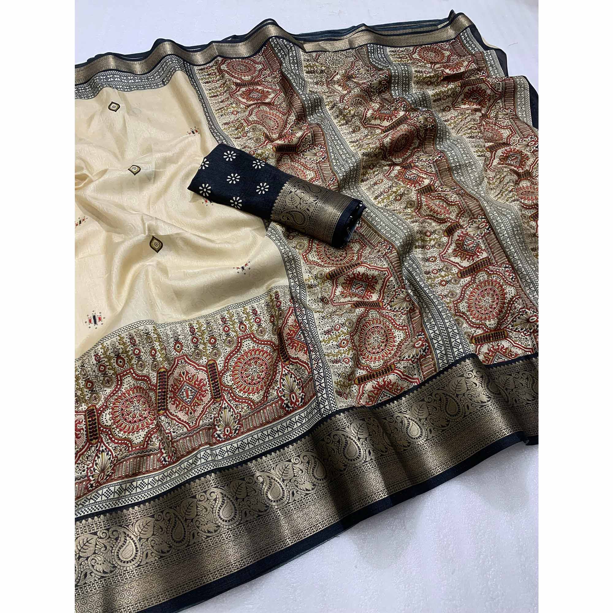 Beige & Black Printed Cotton Silk Saree With Exquisite Zari Woven Border