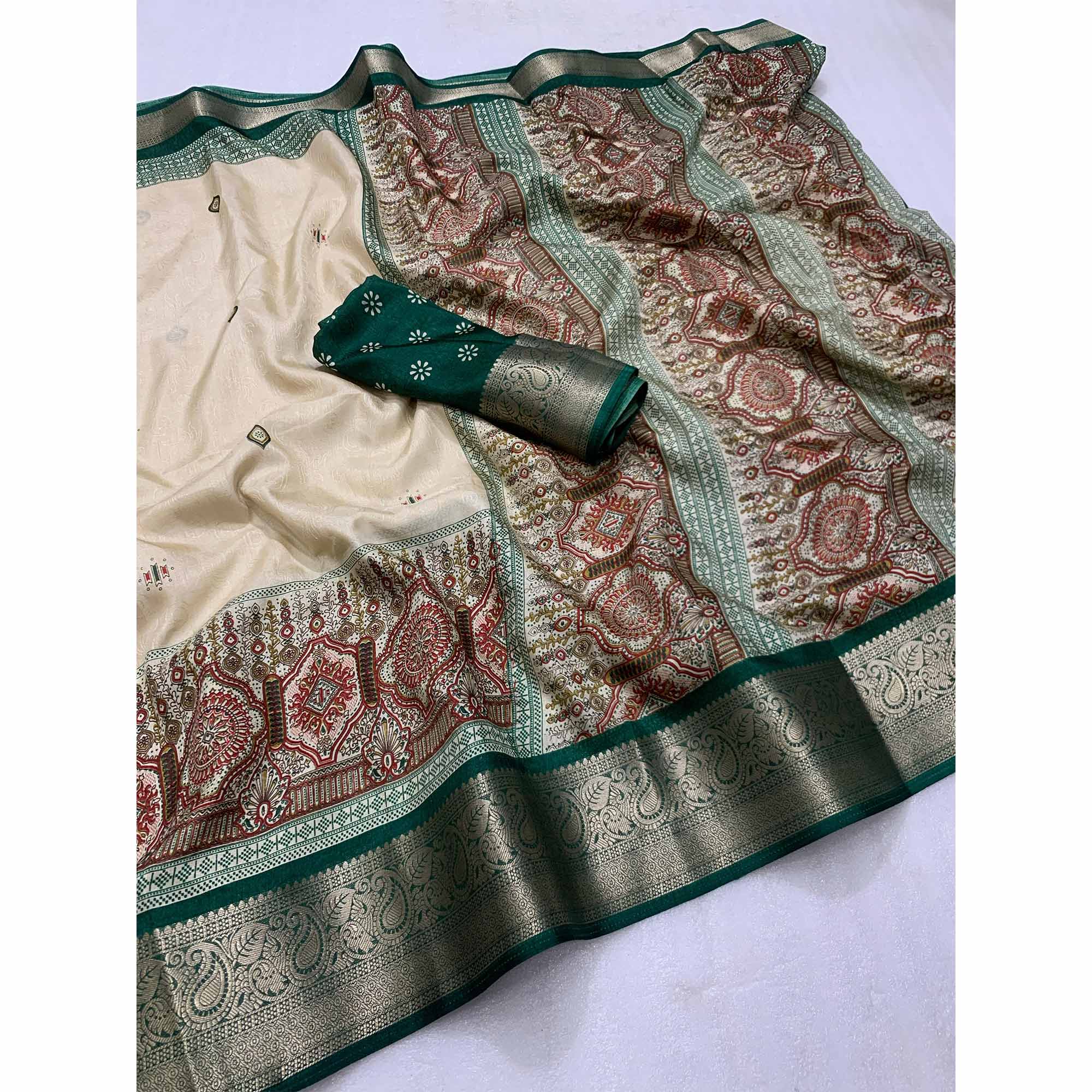 Beige & Green Printed Cotton Silk Saree With Exquisite Zari Woven Border