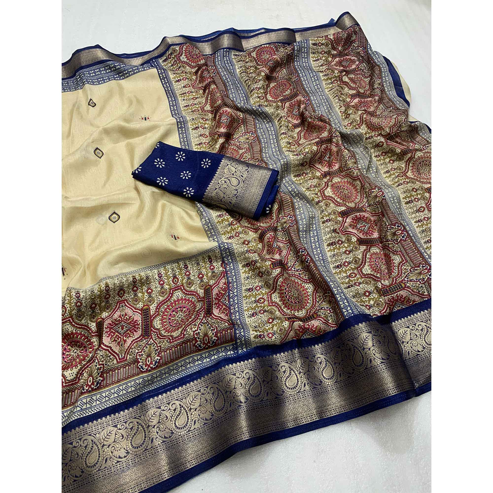 Beige & Navy Blue Printed Cotton Silk Saree With Exquisite Zari Woven Border