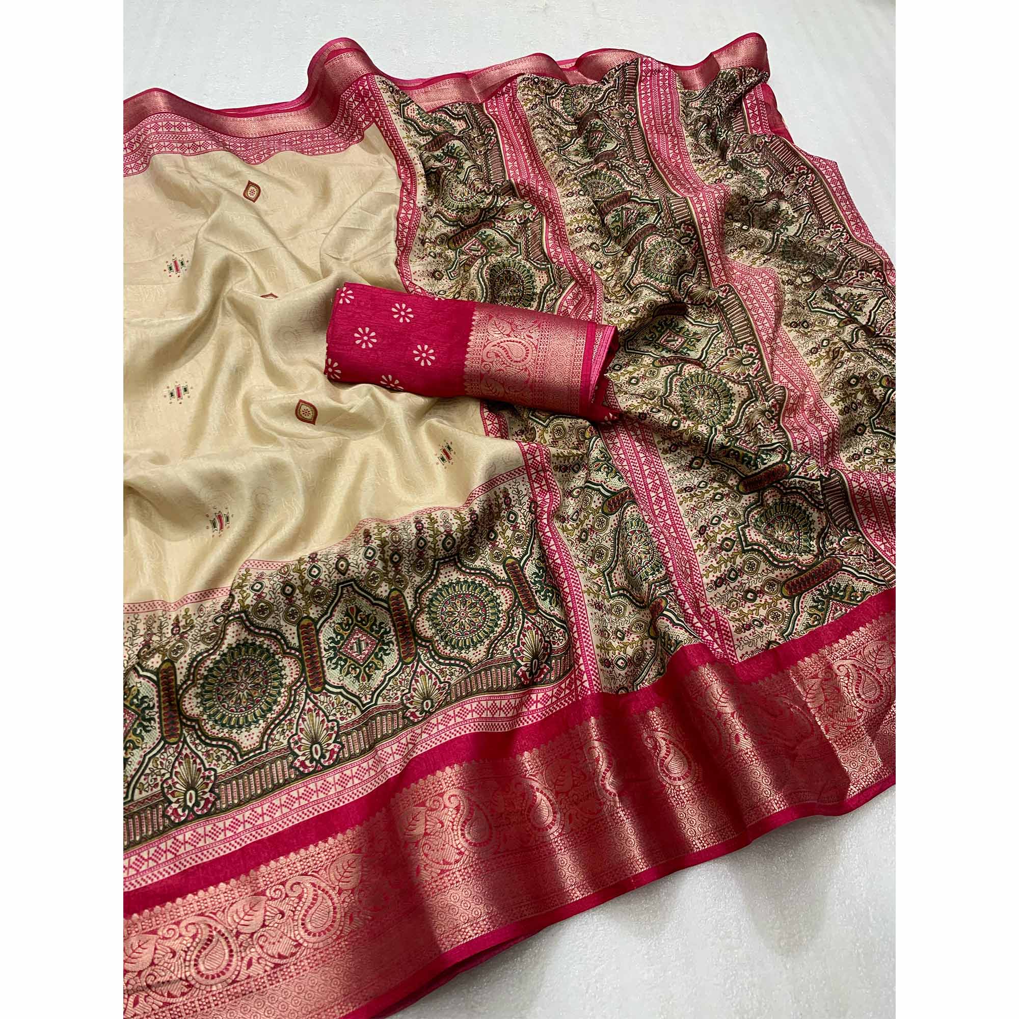 Beige & Pink Printed Cotton Silk Saree With Exquisite Zari Woven Border
