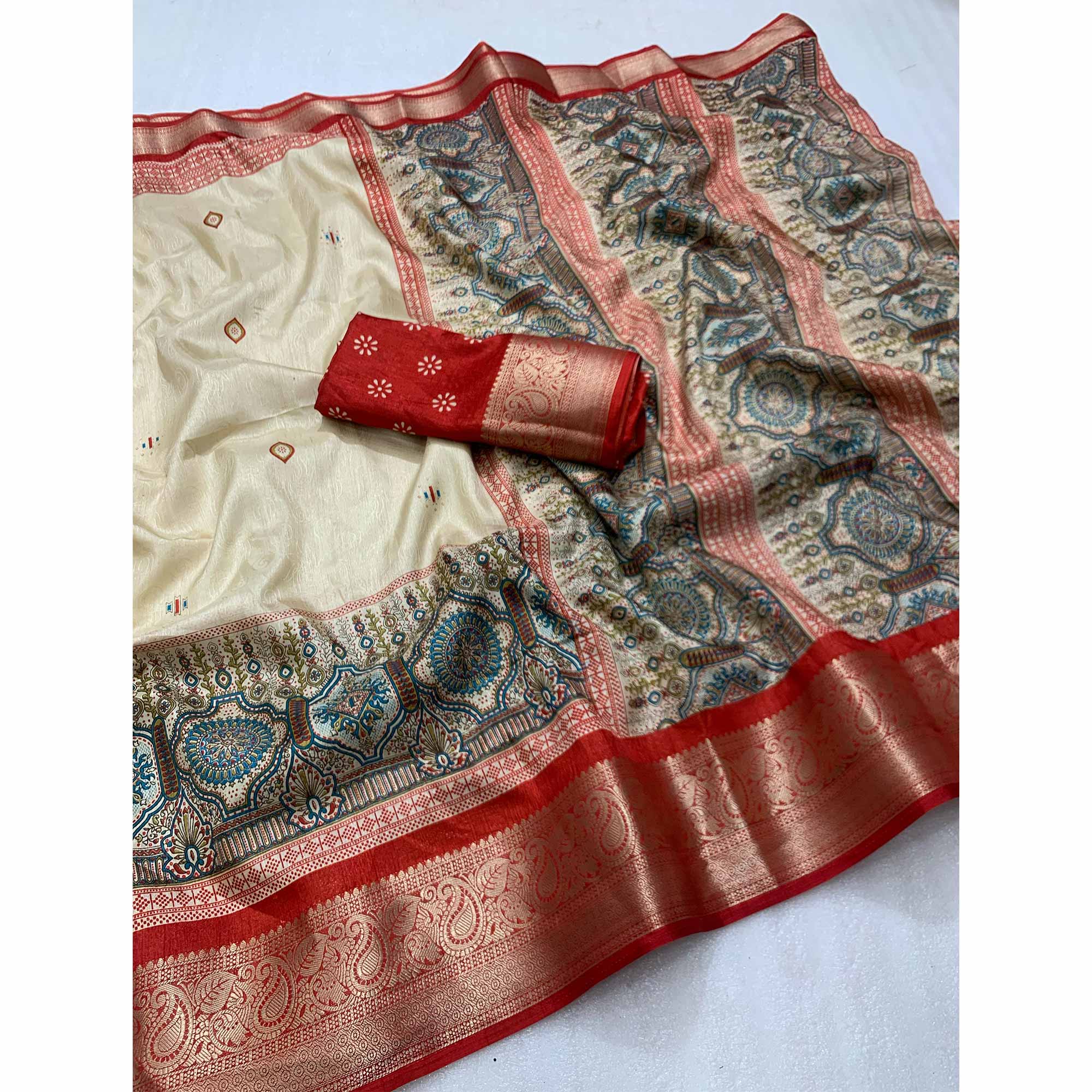 Beige & Red Printed Cotton Silk Saree With Exquisite Zari Woven Border
