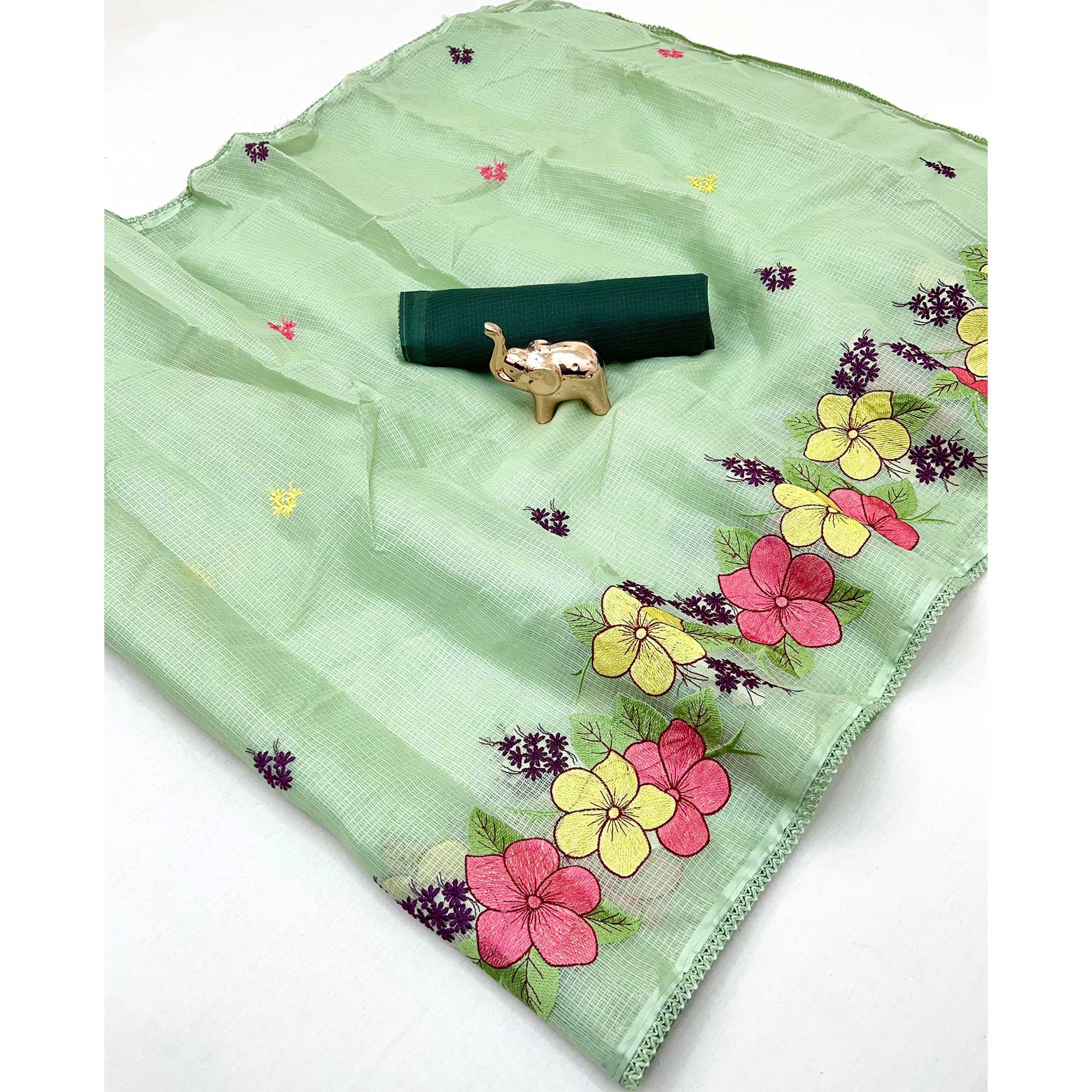 Elegant Green Kota Doria Saree with Detailed Floral Thread Work & Premium Crochet Lace Border