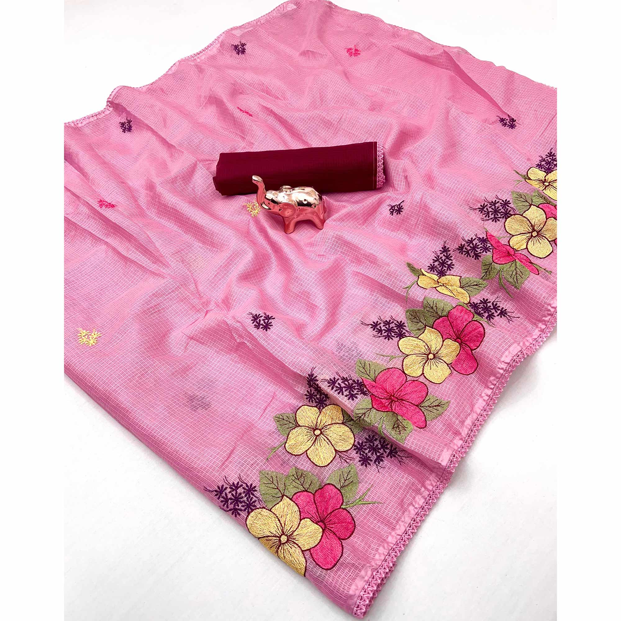 Elegant Pink Kota Doria Saree with Detailed Floral Thread Work & Premium Crochet Lace Border