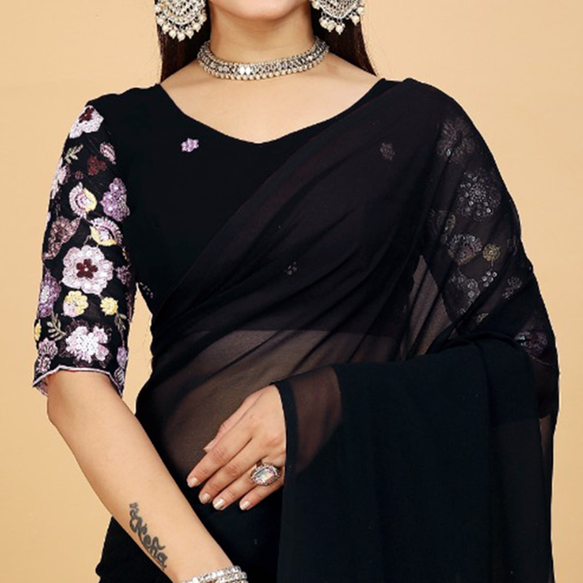 Black Solid Georgette Saree With  Tassels