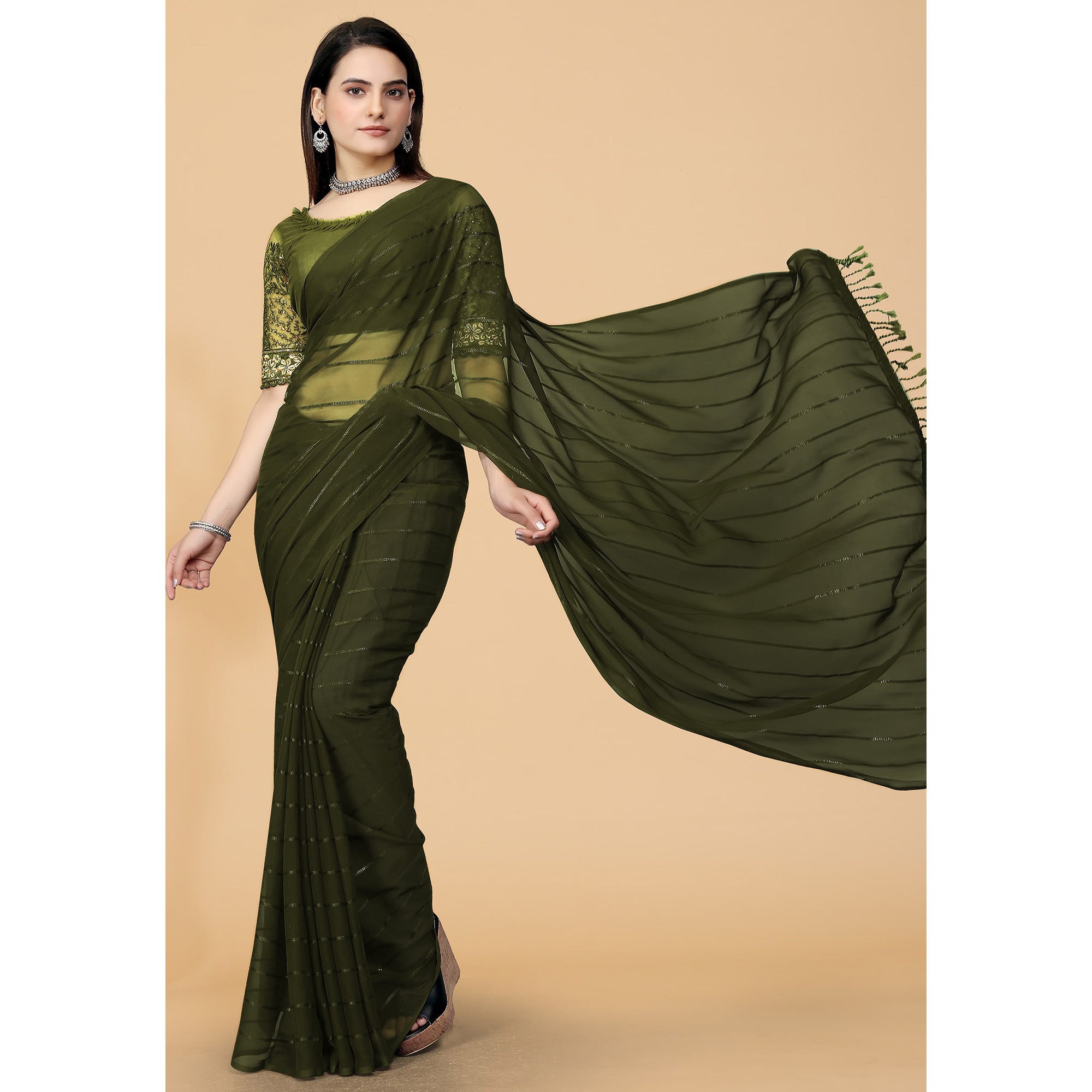 Mehndi green Woven Georgette Saree with Tassels