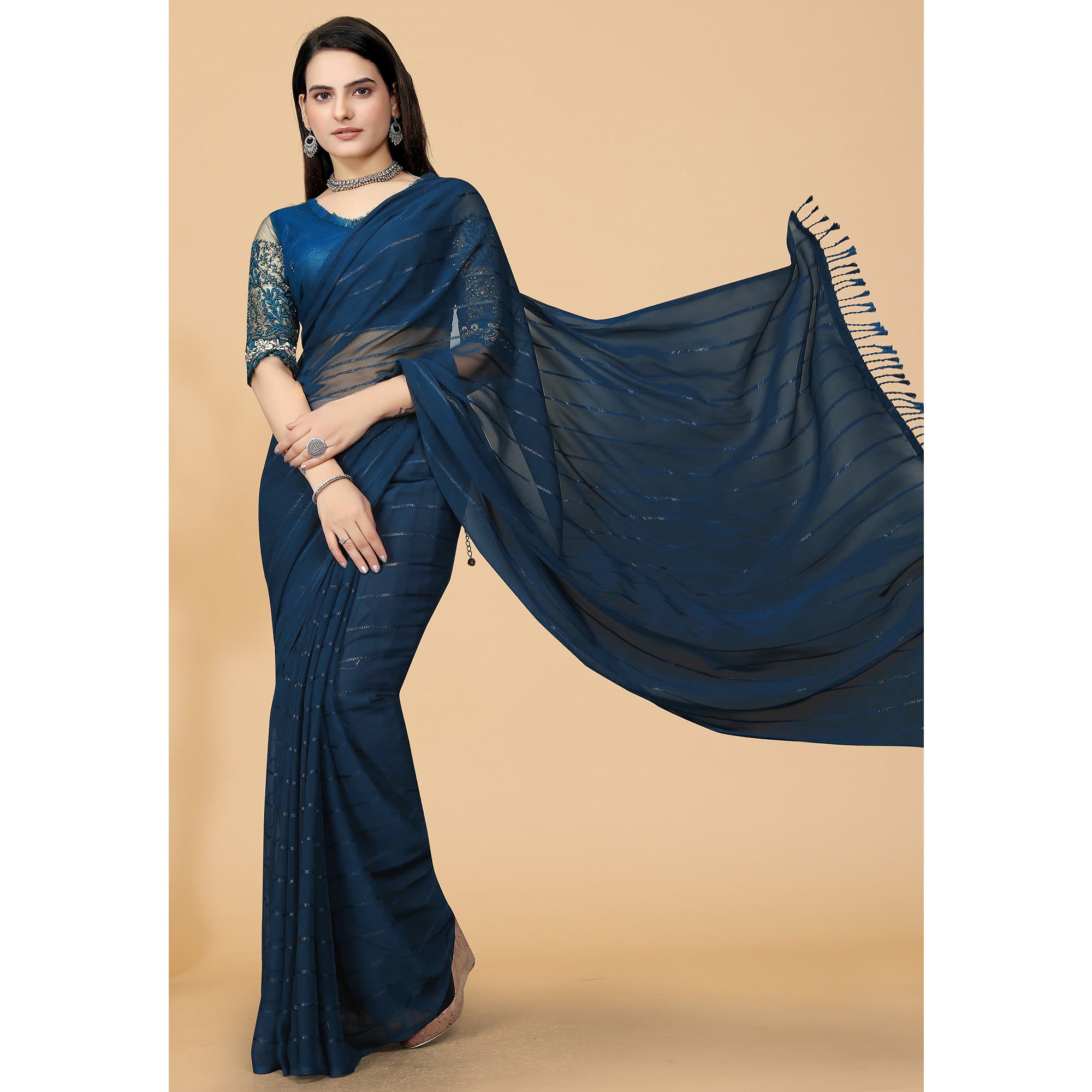 Rama blue Woven Georgette Saree with Tassels