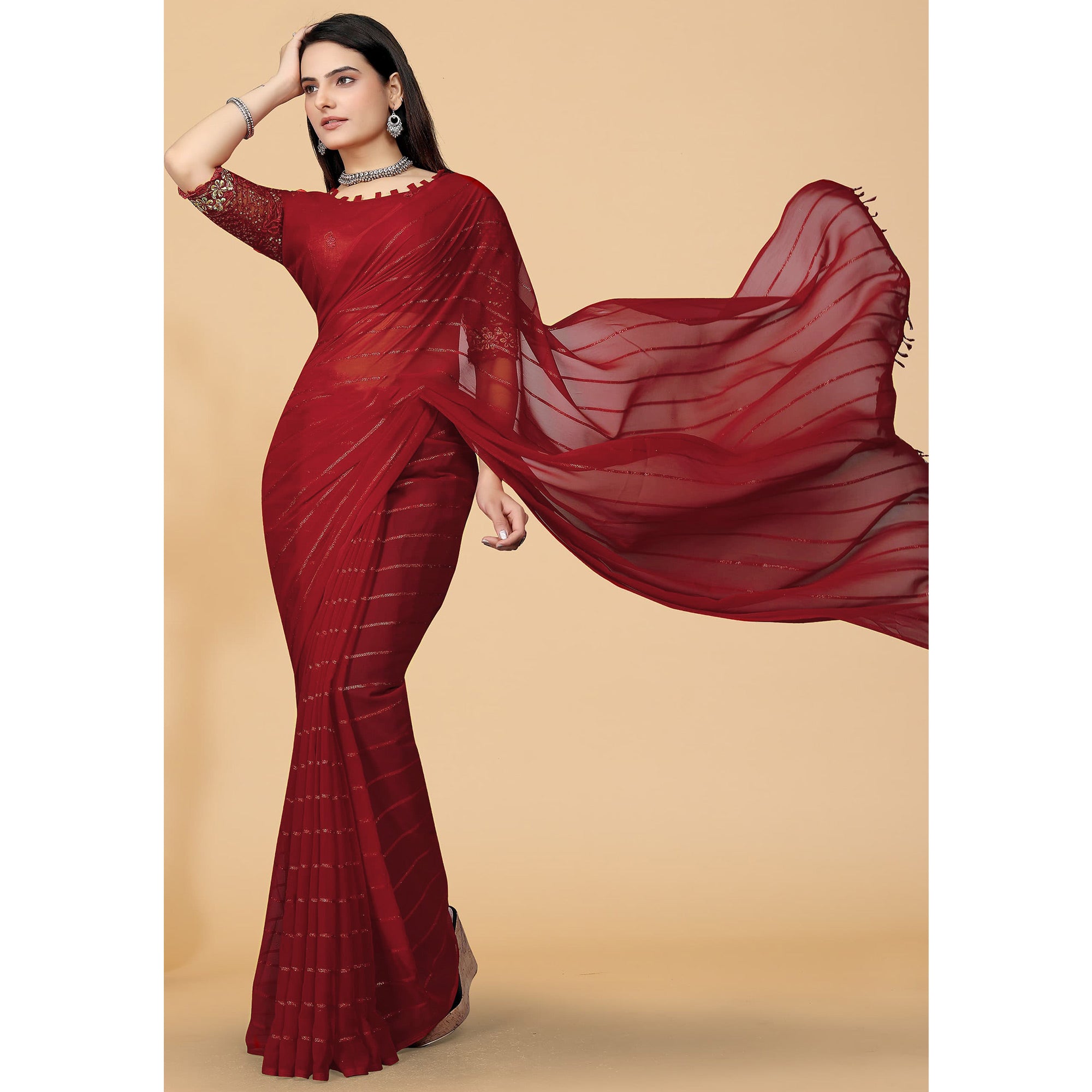 Red Woven Georgette Saree with Tassels