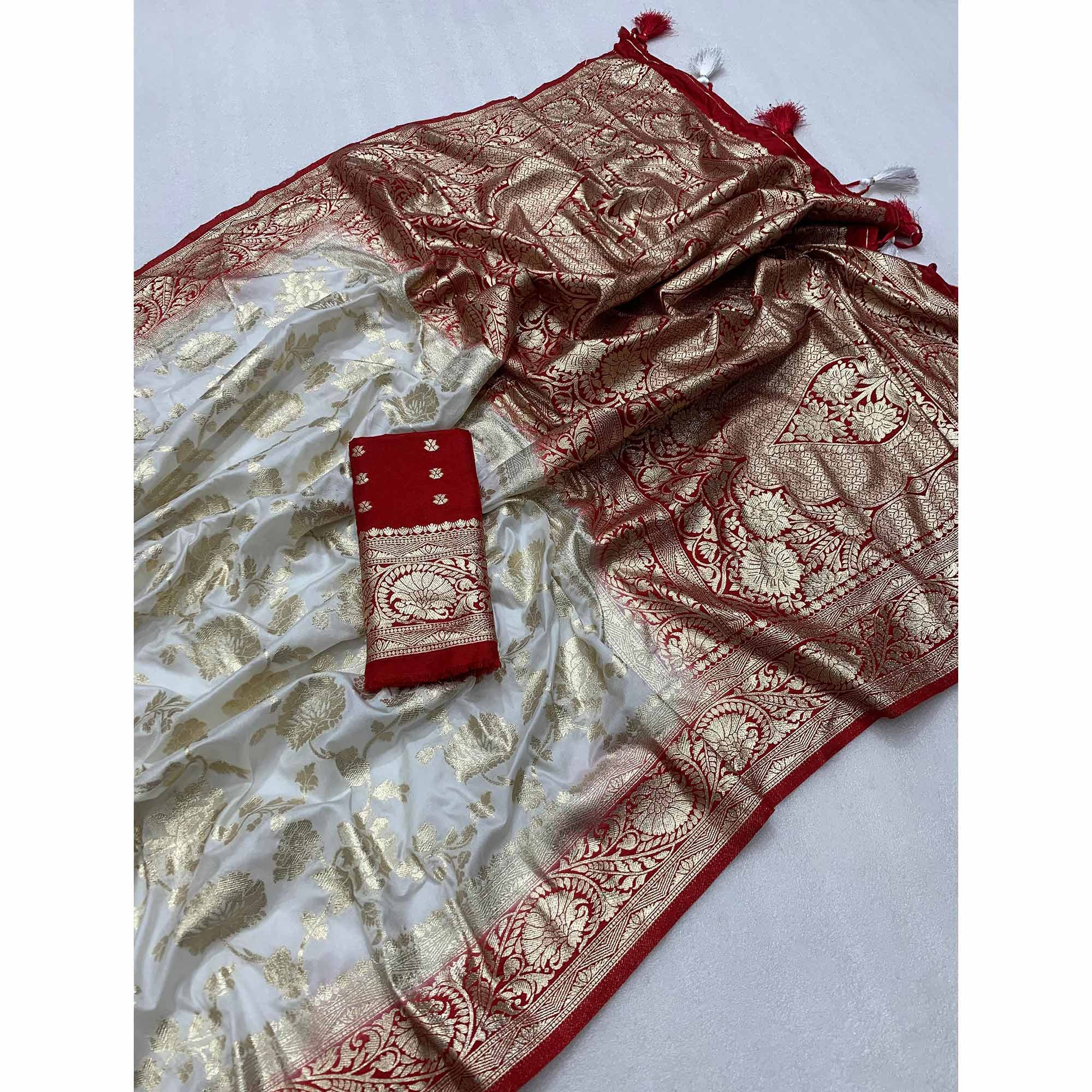 White Floral Woven Viscose Saree