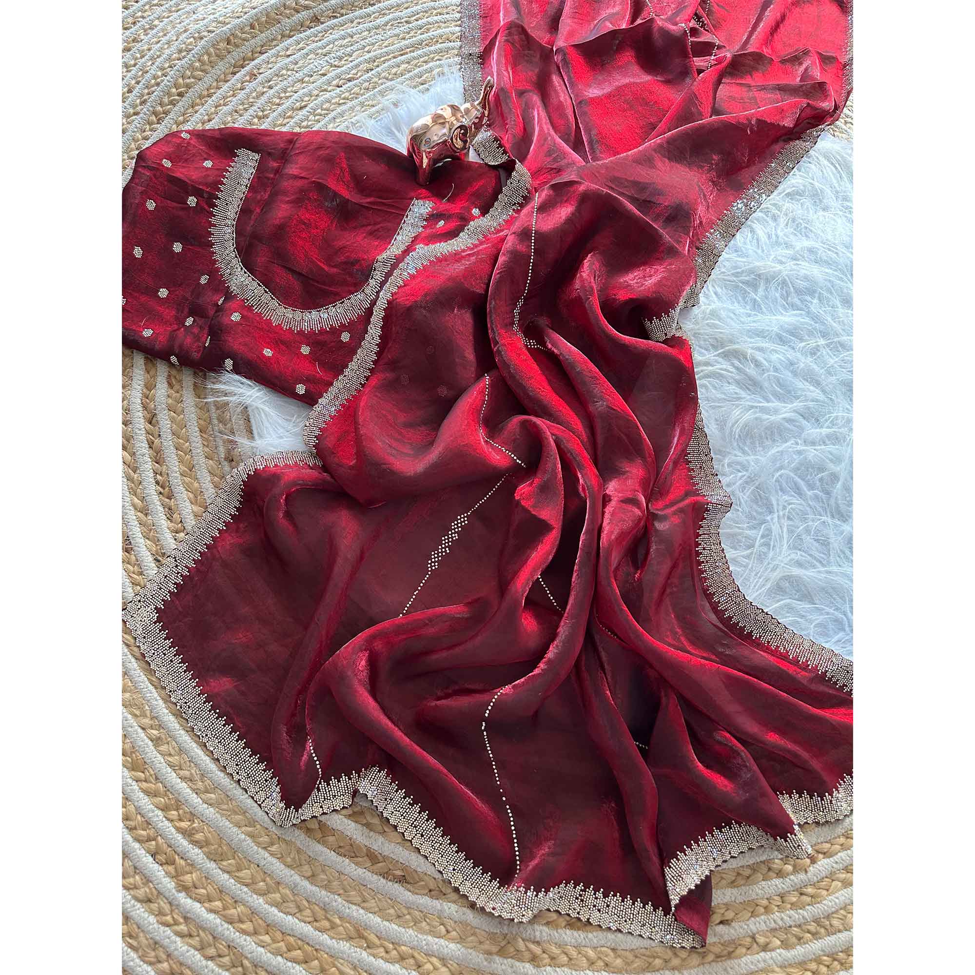 Classic Maroon Pure Silk Saree Adorned With Sparkling Jarkan Work & An Exquisite Designer Border