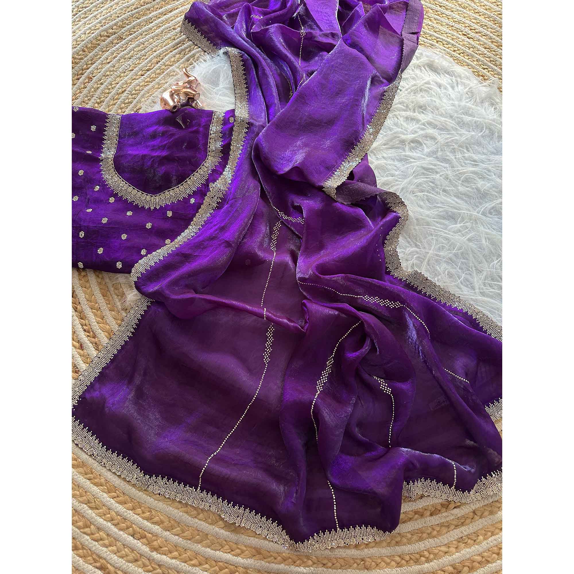 Classic Purple Pure Silk Saree Adorned With Sparkling Jarkan Work & An Exquisite Designer Border