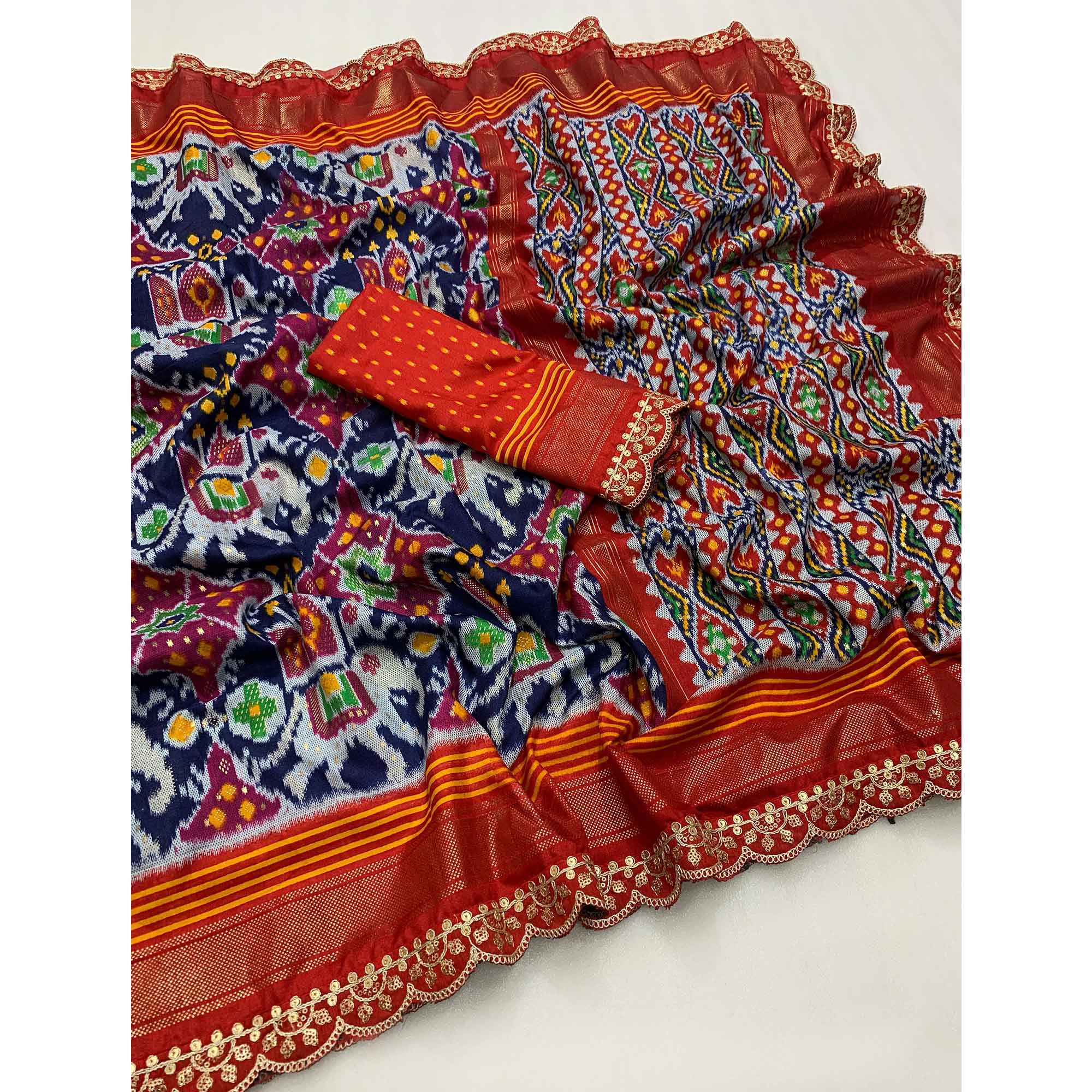 Grey & Red Ikkat Printed Dola Silk Saree With Sequins Embroidery Border