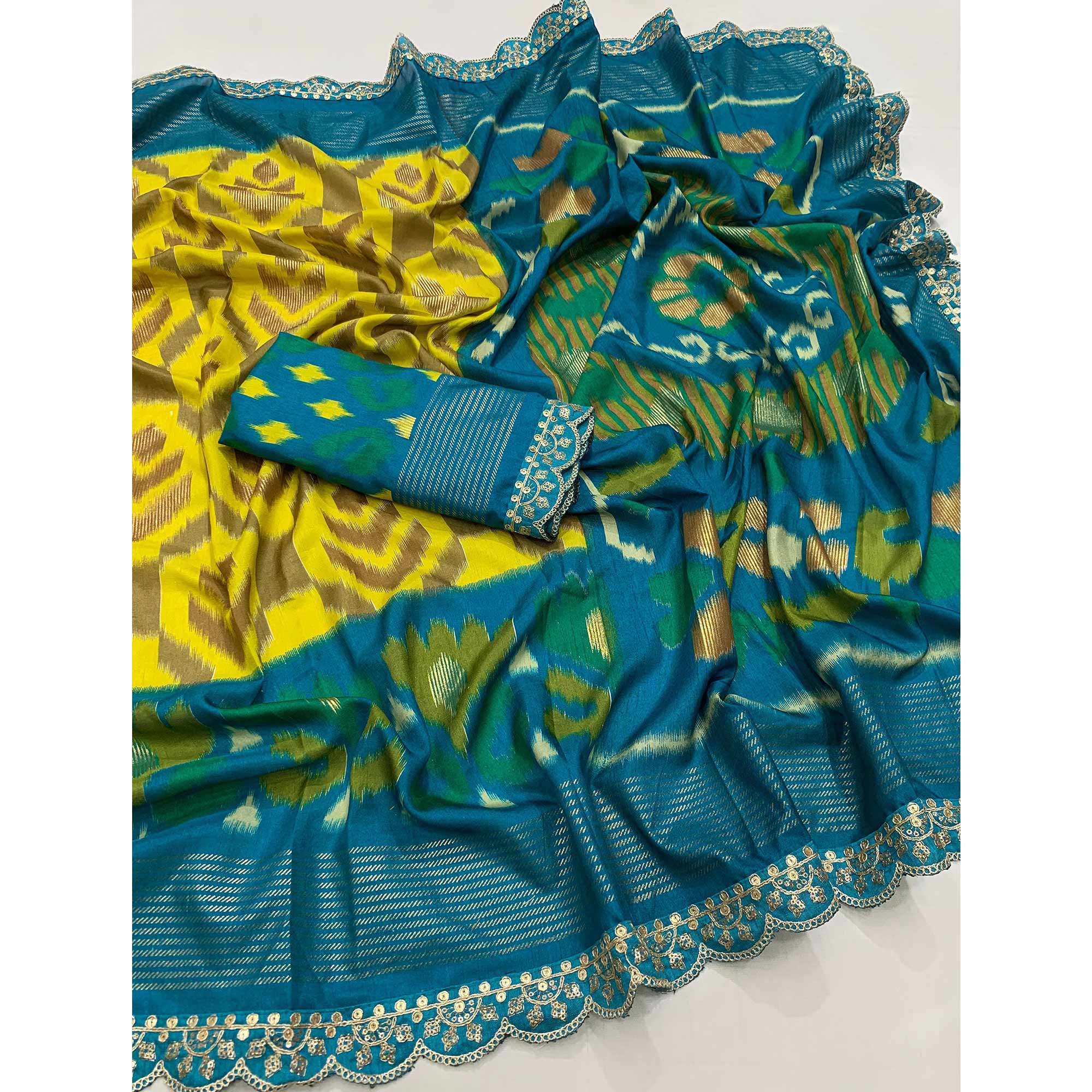 Lemon Yellow Ikkat Printed Dola Silk Saree With Sequins Embroidery Border