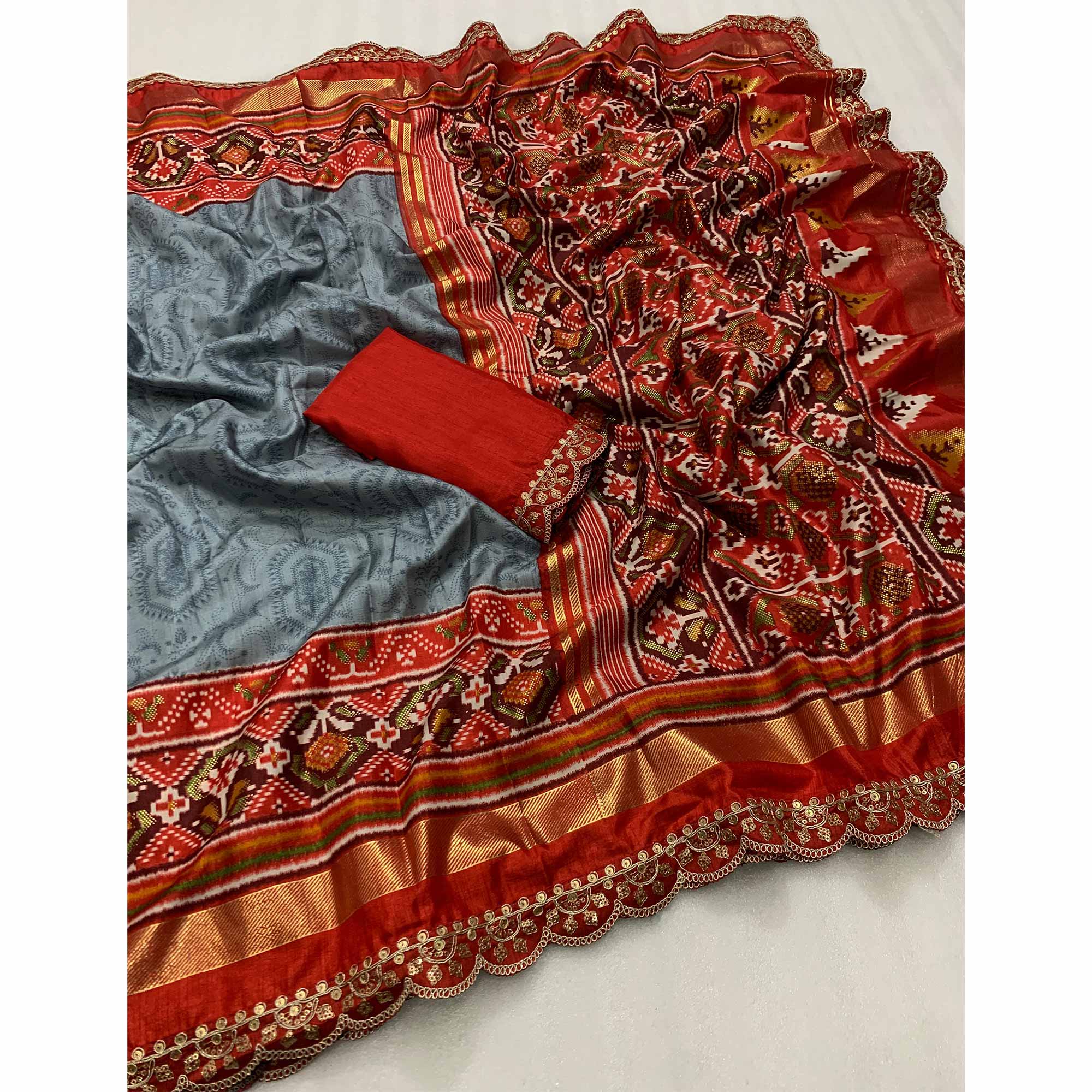 Grey & Red Ikkat Foil Printed Silk Saree With Sequins Embroidery Border