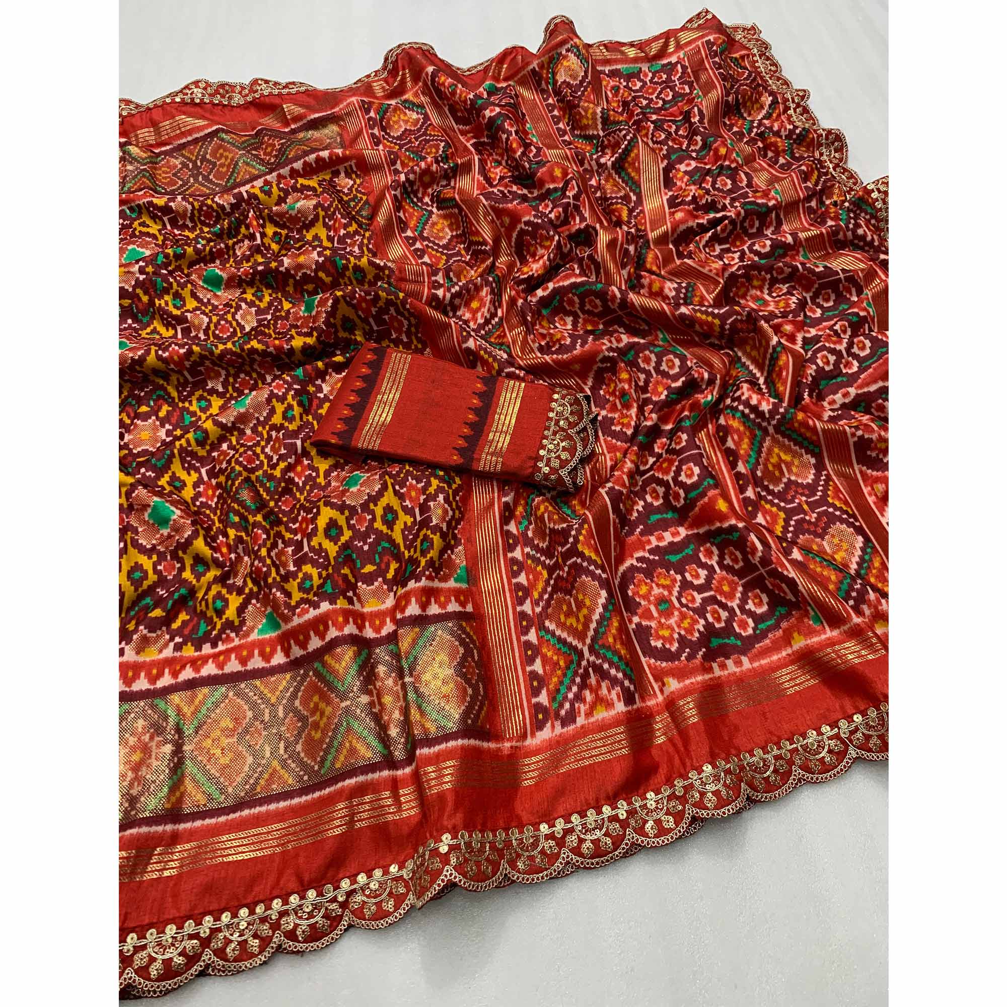 Maroon Ikkat Foil Printed Silk Saree With Sequins Embroidery Border