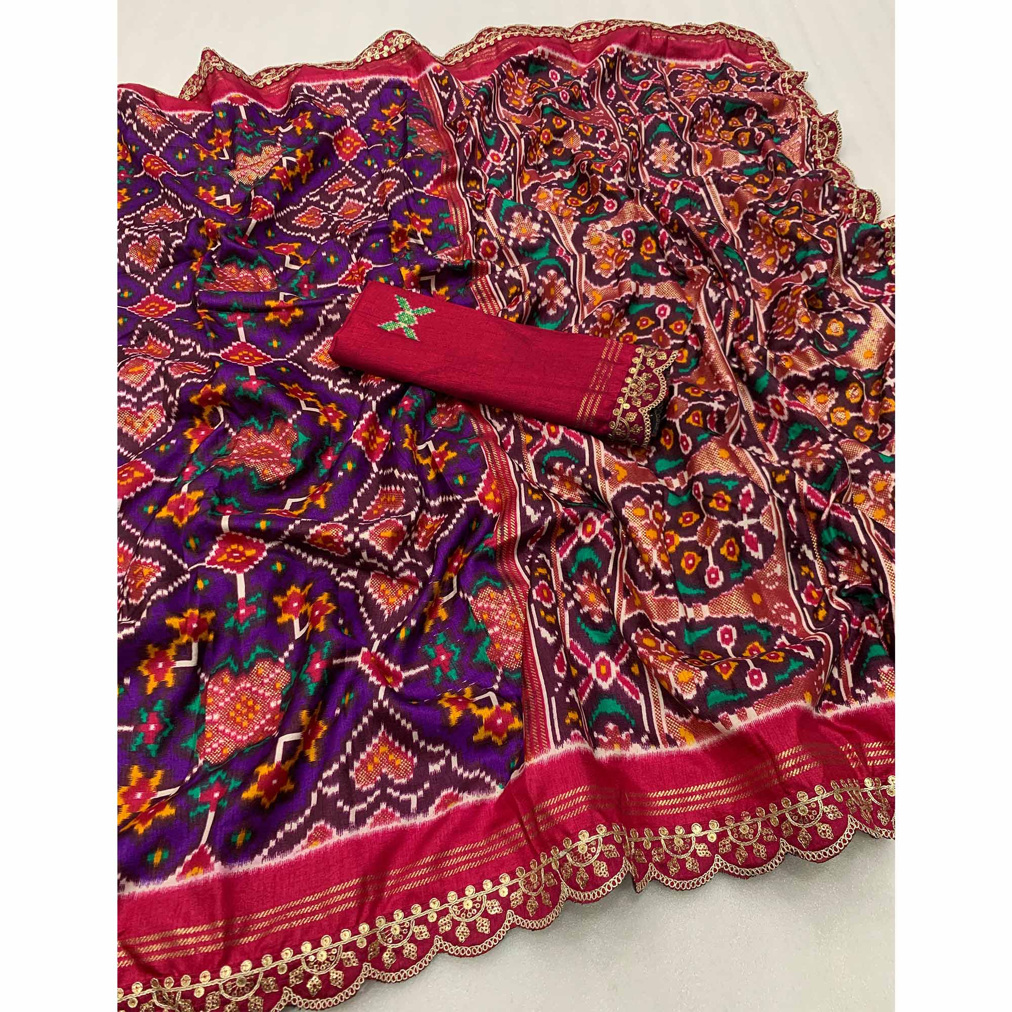 Purple & Pink Ikkat Foil Printed Silk Saree With Sequins Embroidery Border